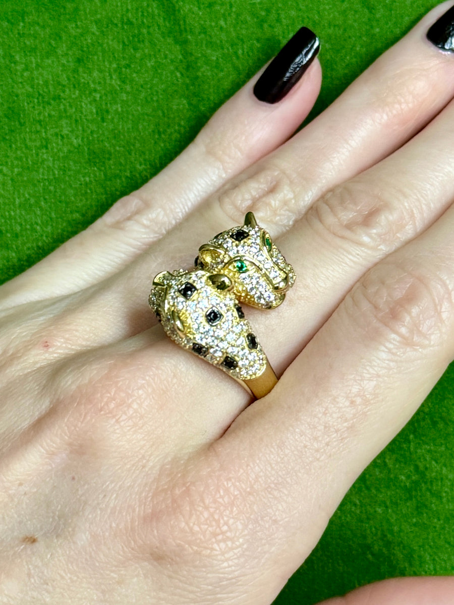Double Gold Crystal Panther Ring