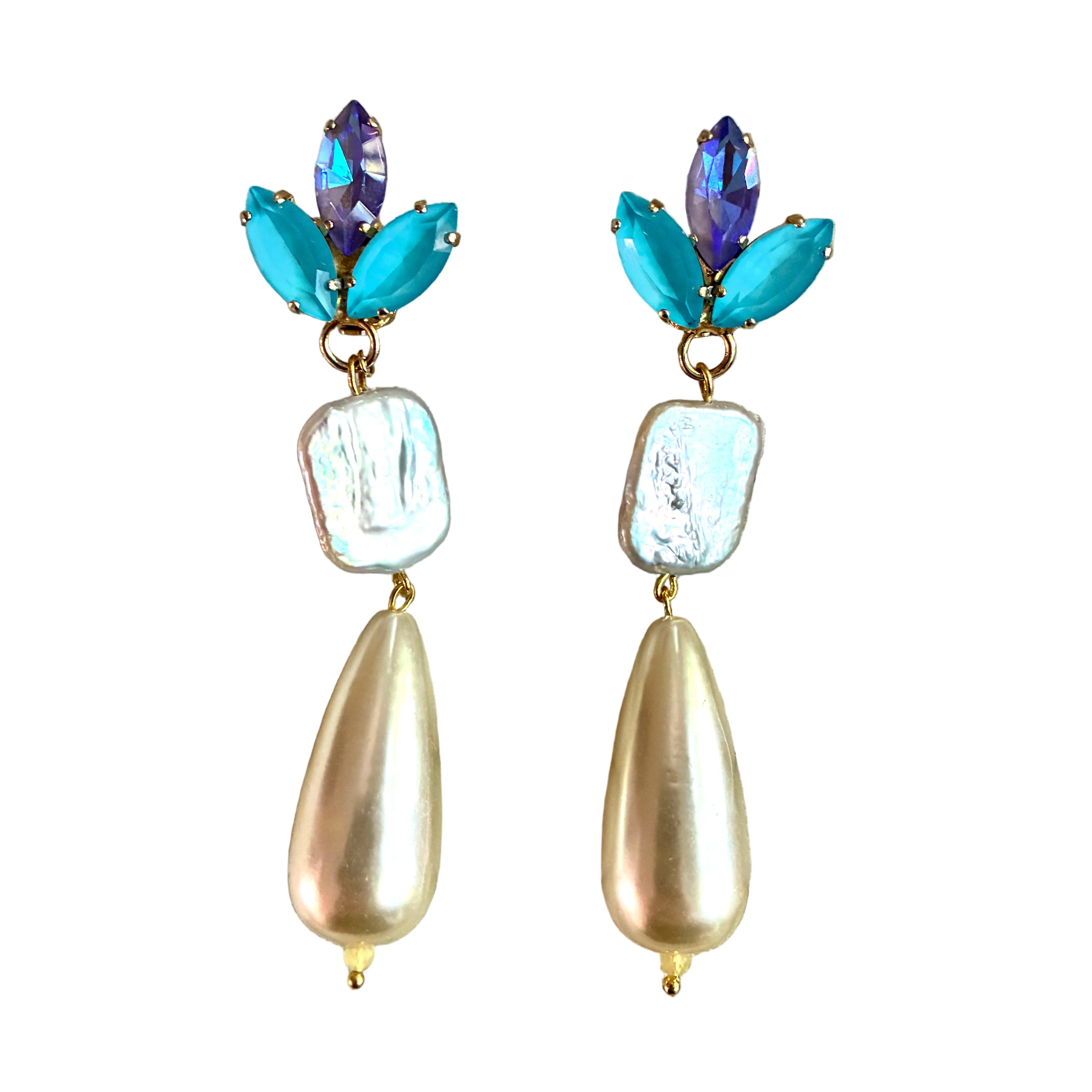 Aurora Blue Crystal and Pearl Drop Earrings