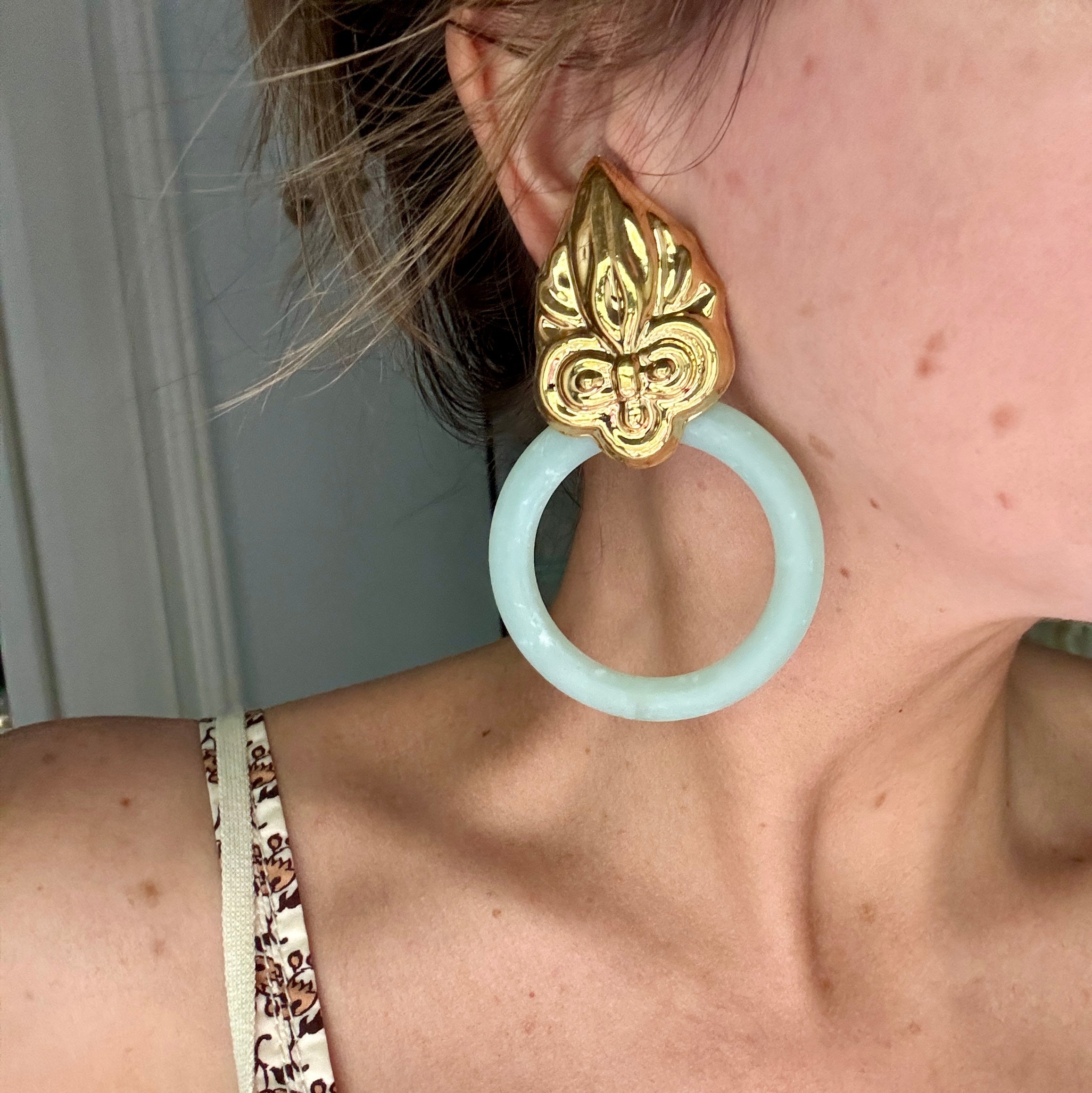 Vintage Italian 1980s Jade or Pink Statement Hoops