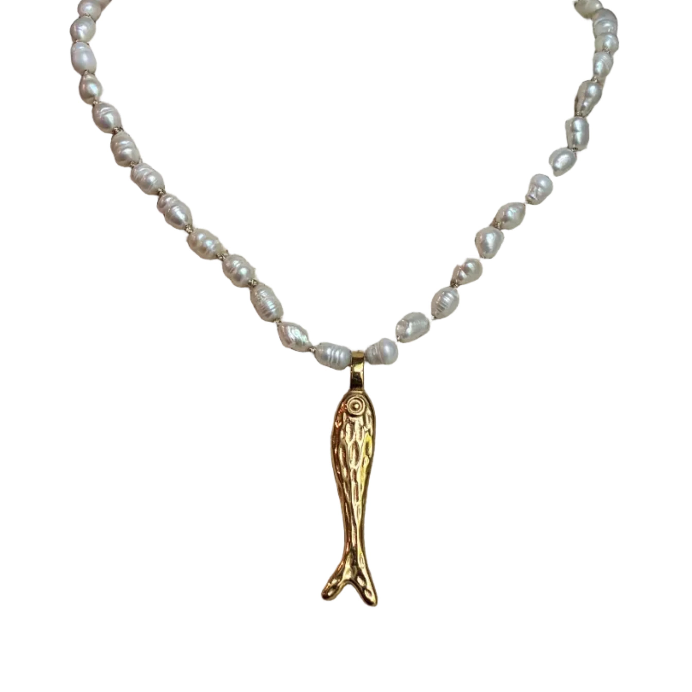 Seed Pearl and Gold Fish Sardine Pendant Necklace