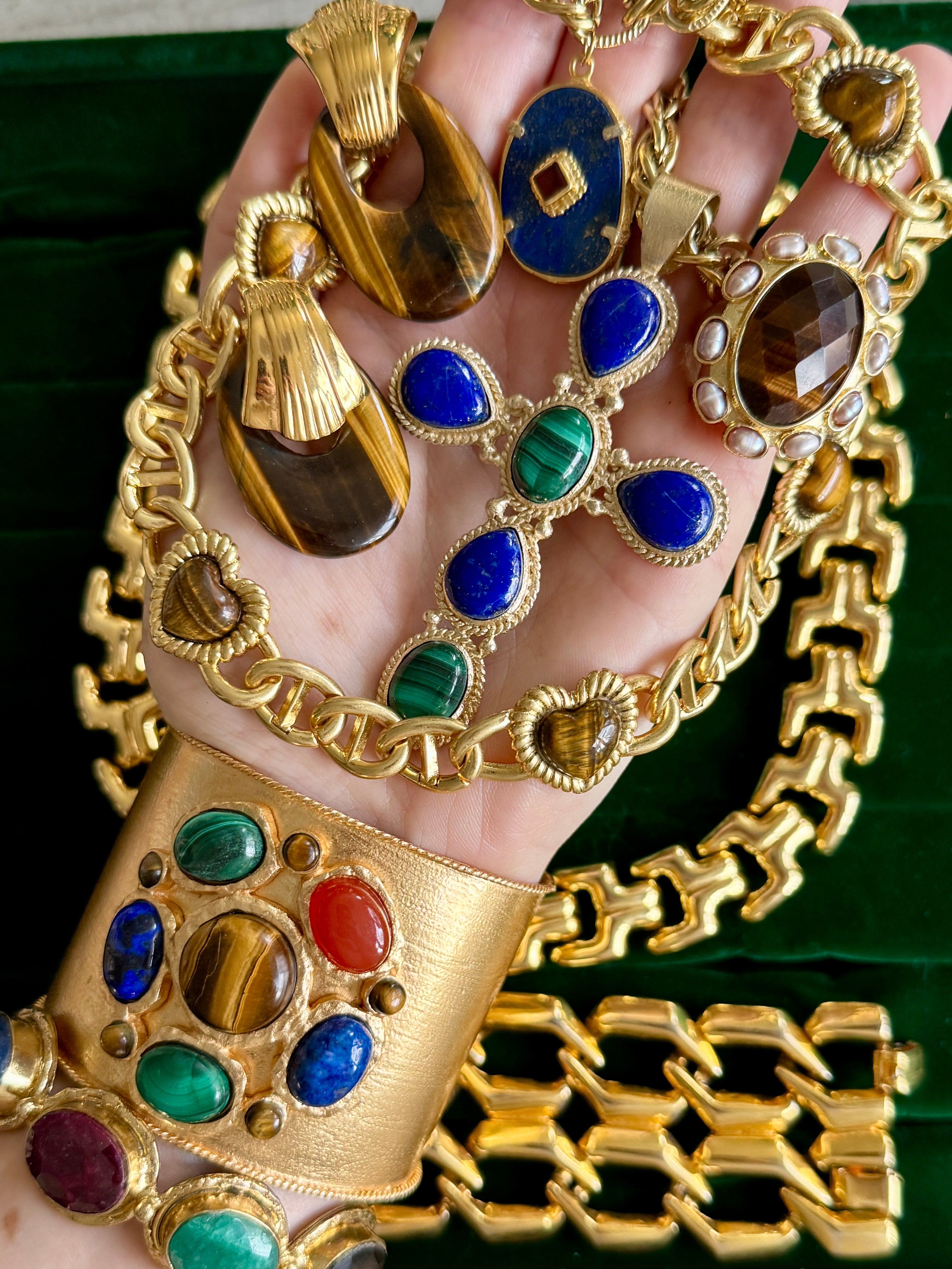 French Tiger's Eye Malachite Gold Cuff