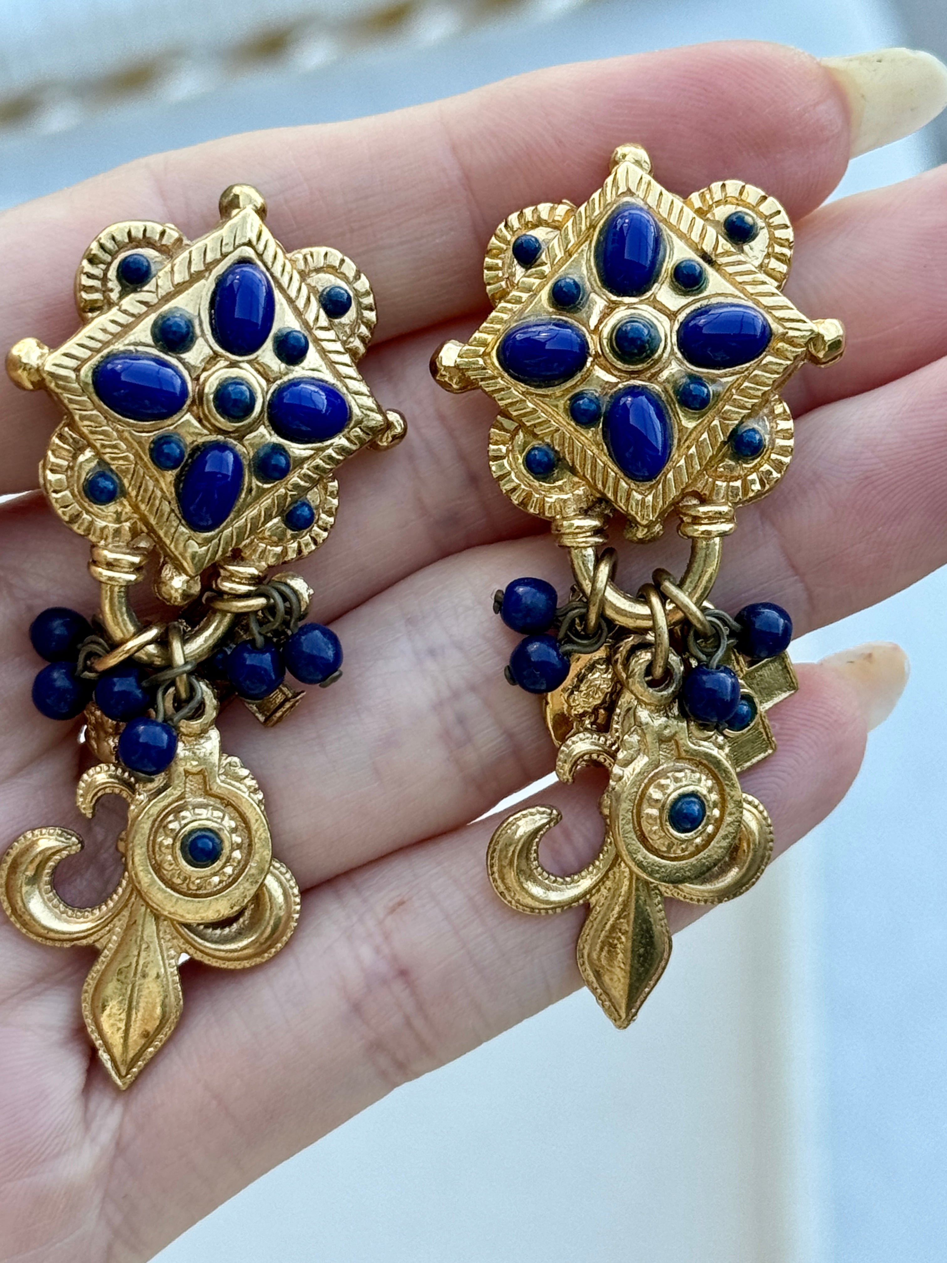 Vintage French Lapis Glass Fleur de Lis Coin Charm Earrings