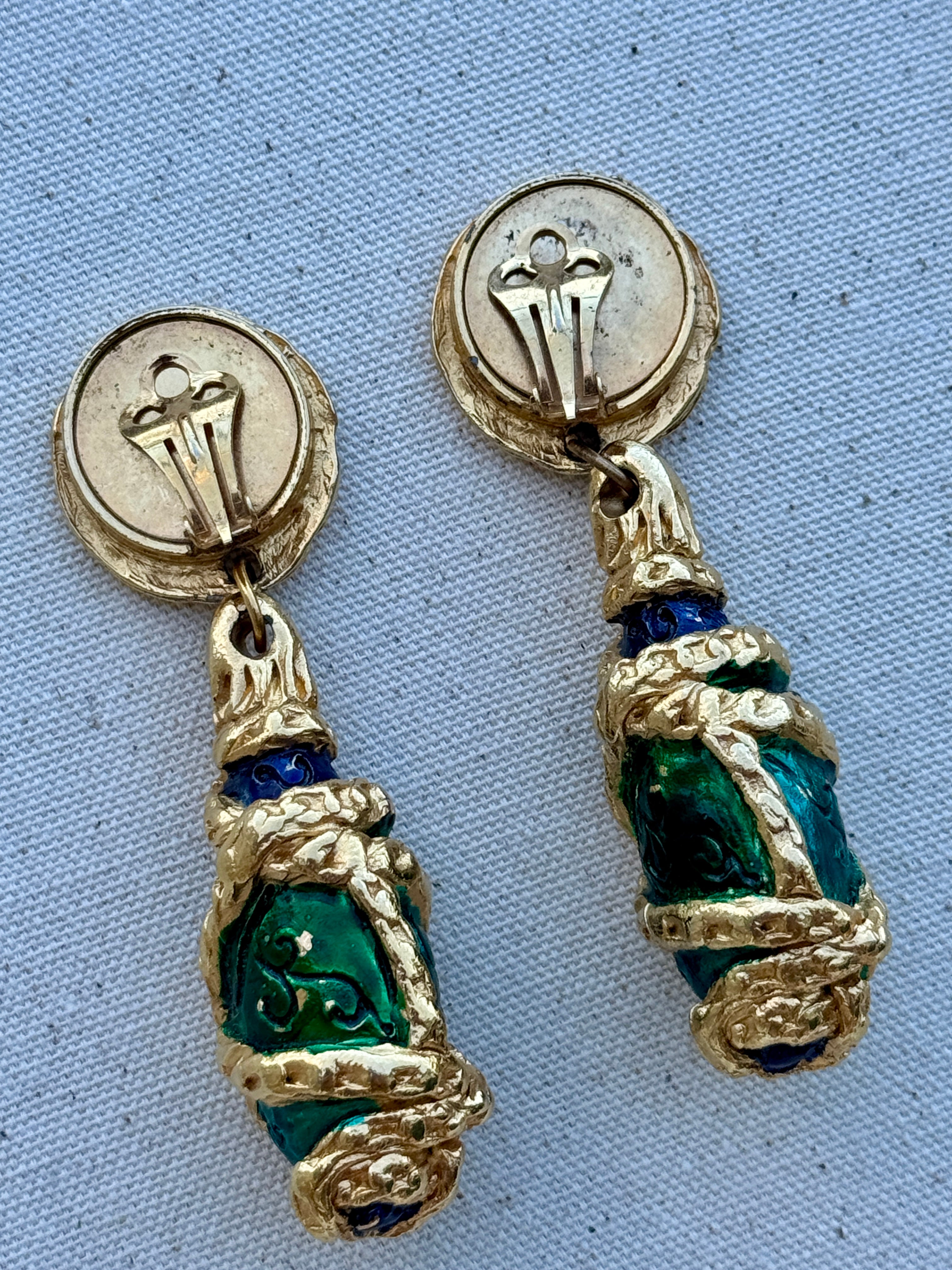 Vintage 80s HUGE French Gilt Blue Painted Resin Earrings