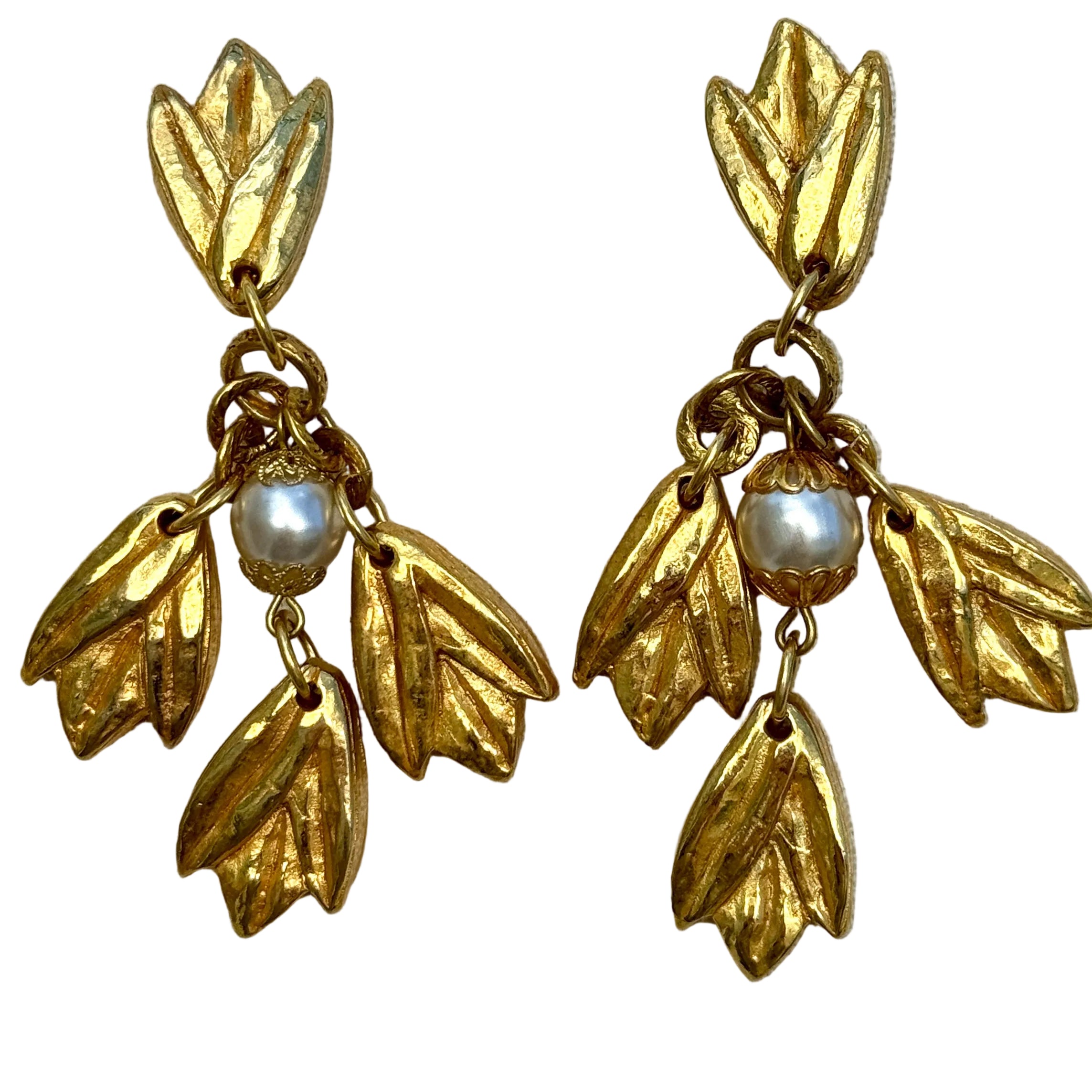 Vintage Designer Chantal De Kerouartz Gilt & Pearl Leaf Earrings