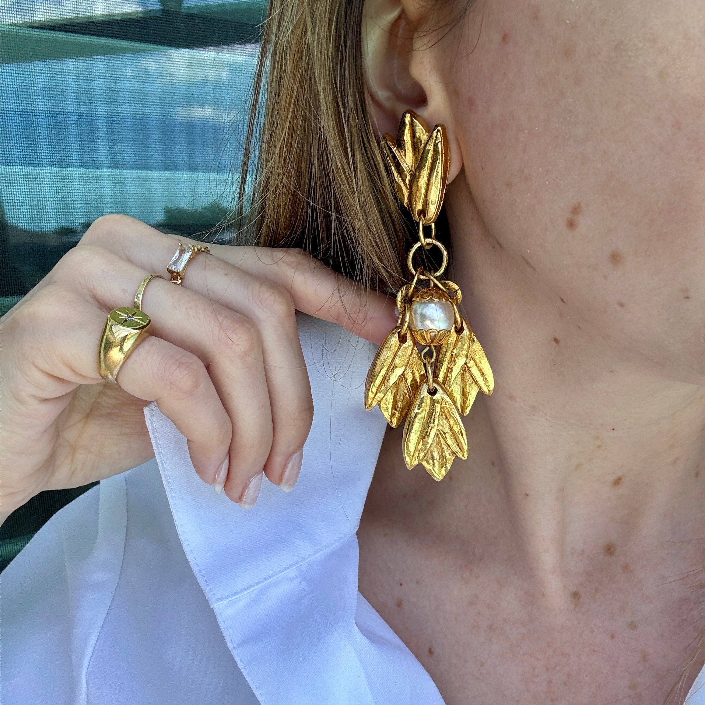 Vintage Designer Chantal De Kerouartz Gilt & Pearl Leaf Earrings
