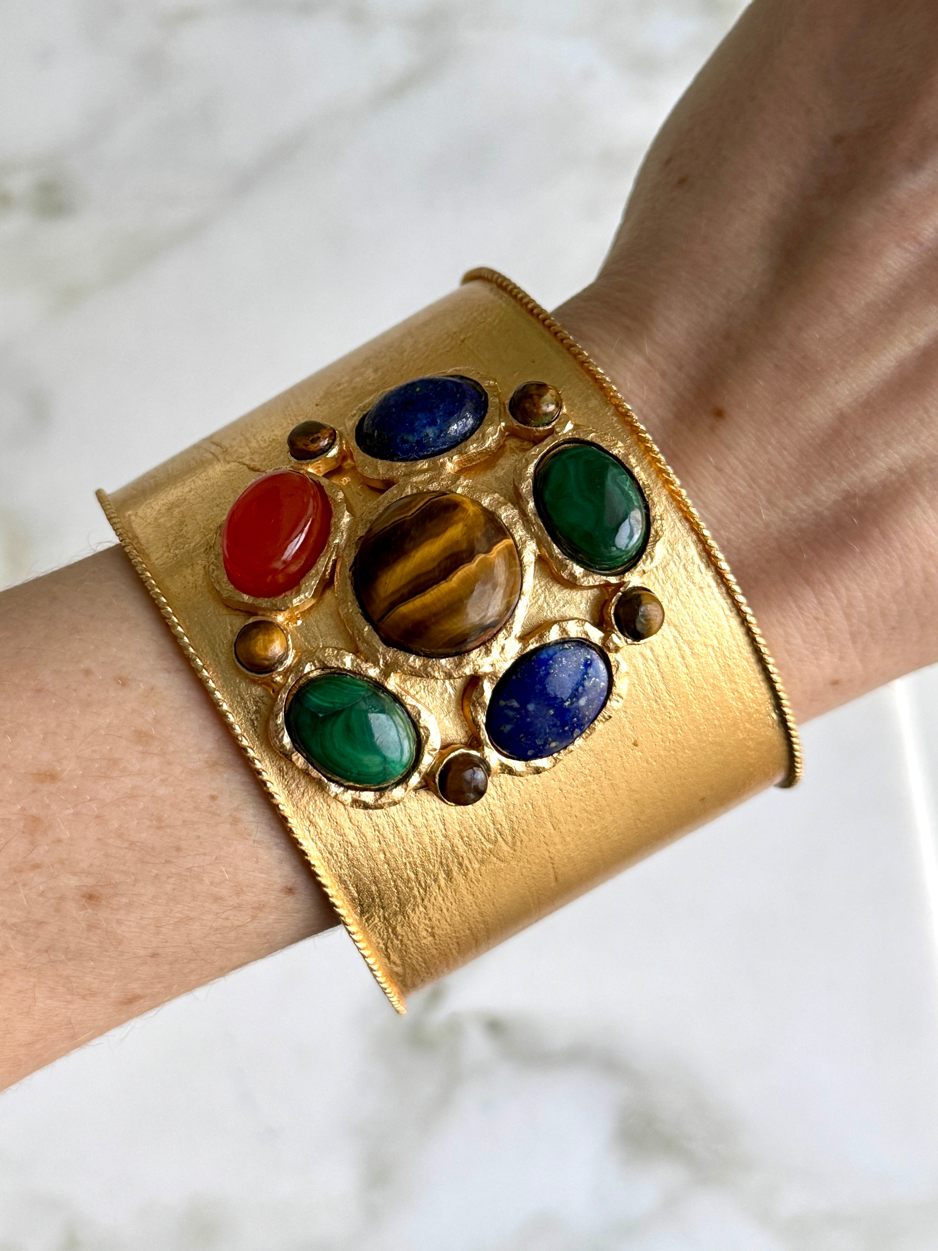 French Tiger's Eye Malachite Gold Cuff
