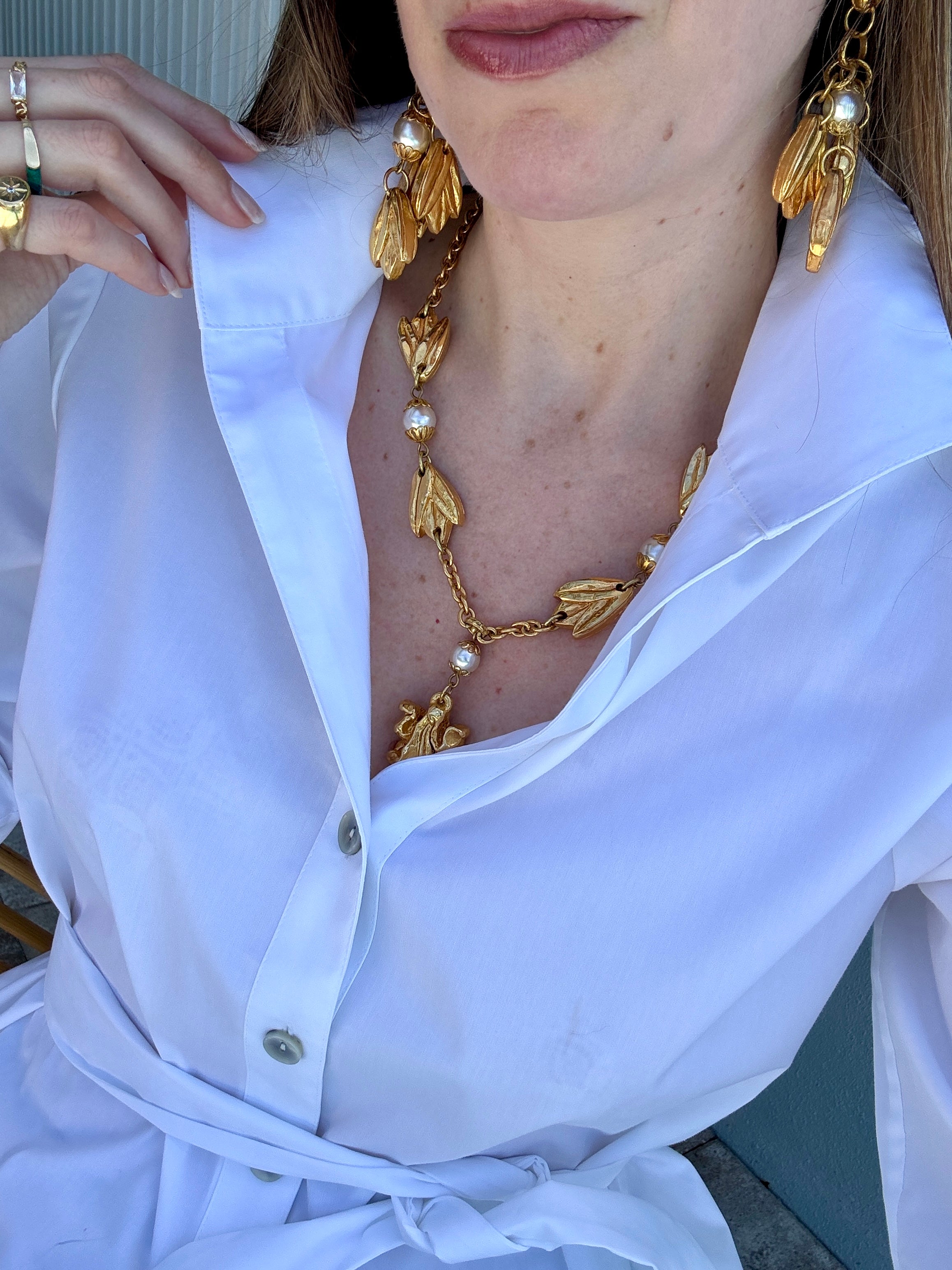 Vintage Designer Chantal De Kerouartz Gilt & Pearl Leaf Earrings