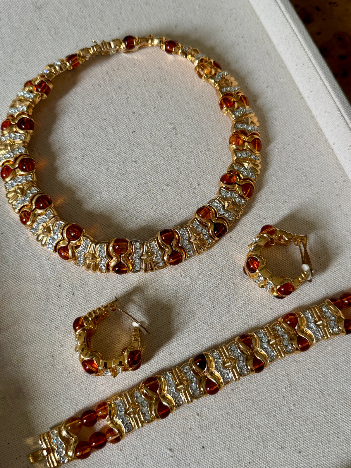 Exceptional Vintage 80s Mogul Amber Glass Necklace Set