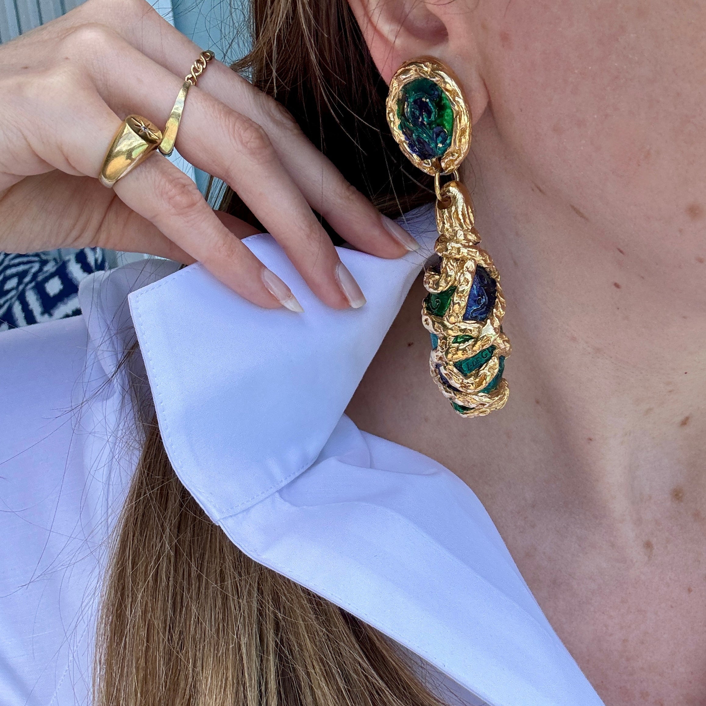 Vintage 80s HUGE French Gilt Blue Painted Resin Earrings