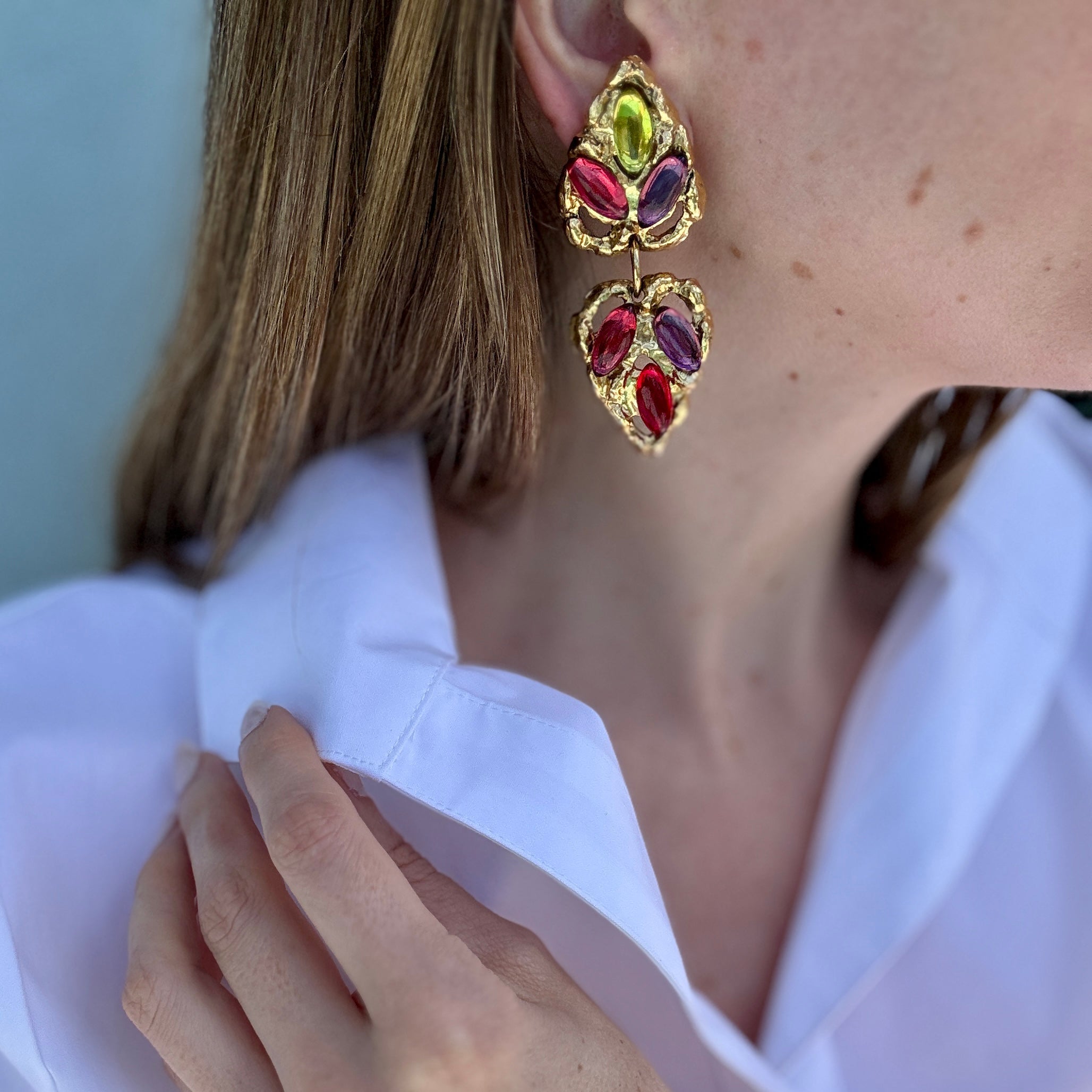 Vintage Designer Louis Fernand Jewel Leaf Earrings