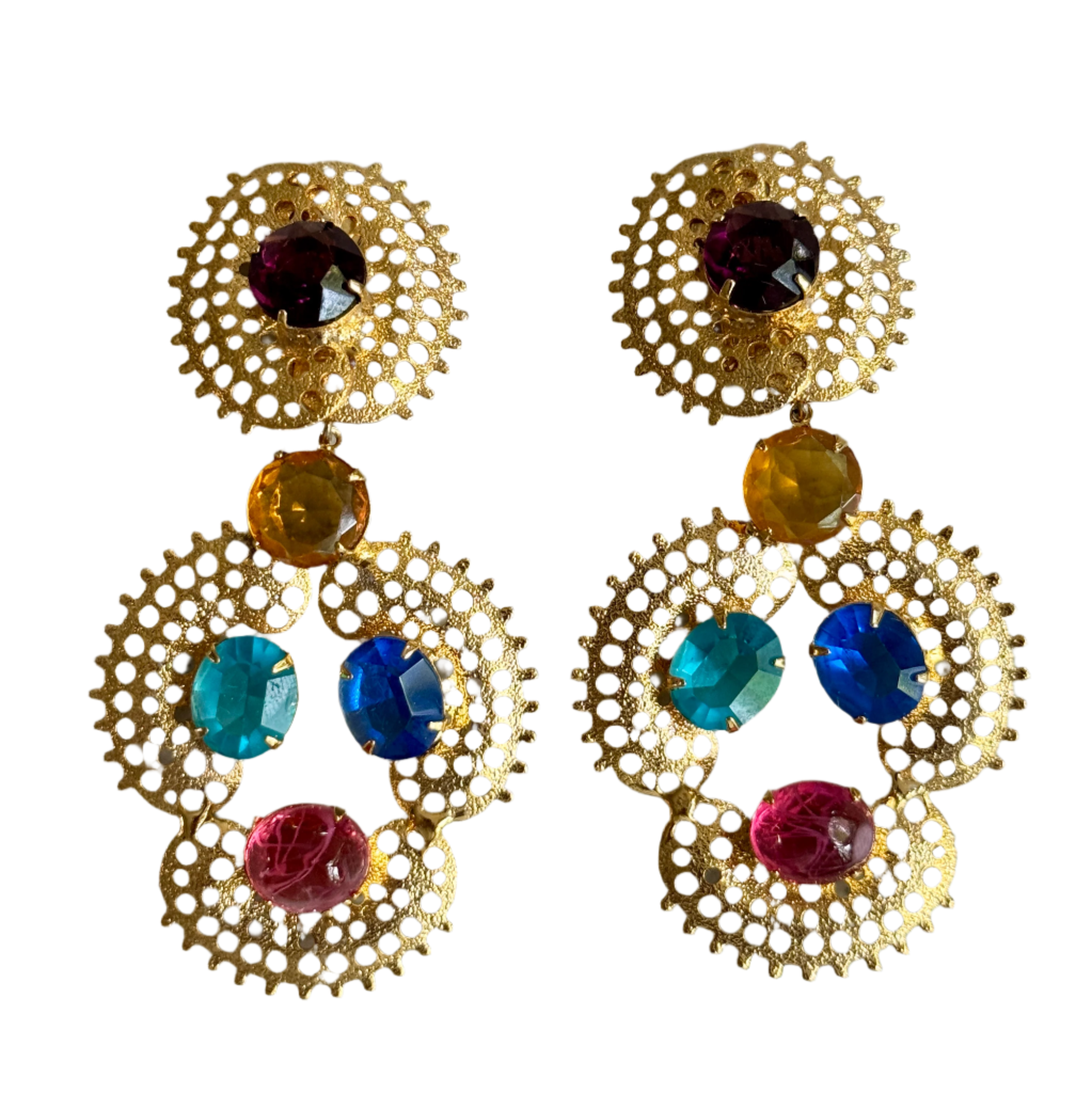 80s Jeweled Gold Filagree Statement Earrings