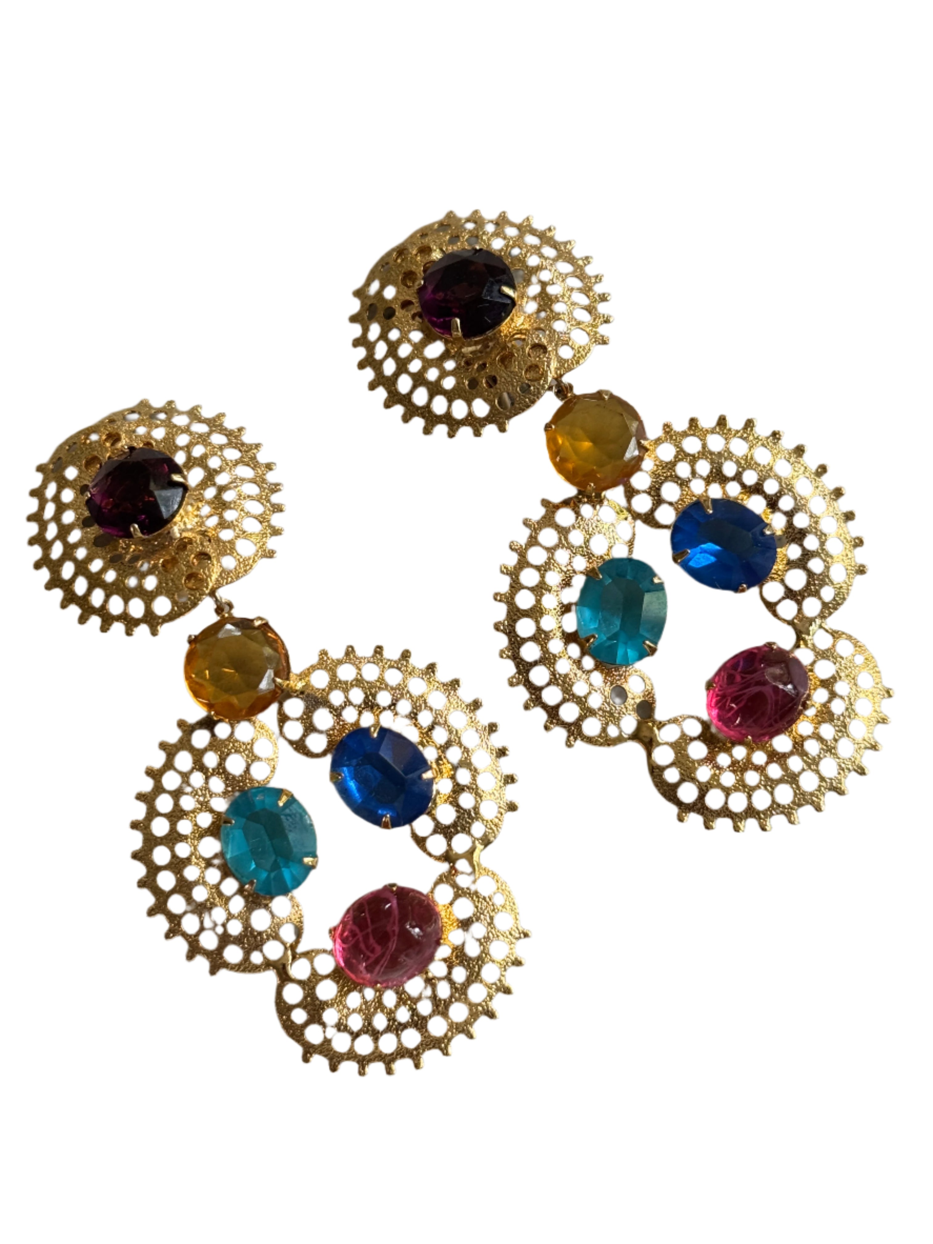 80s Jeweled Gold Filagree Statement Earrings