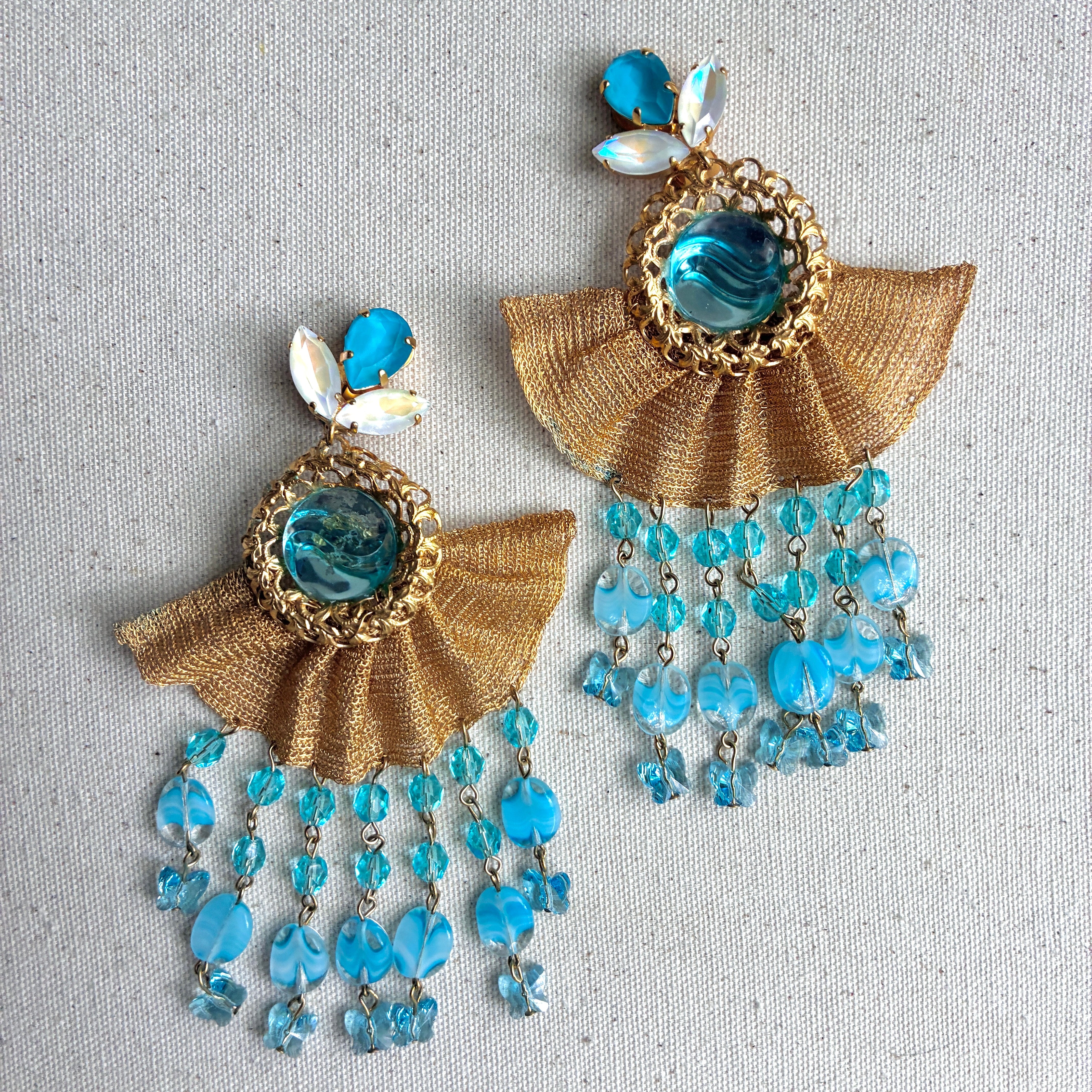 Blue Butterfly Cascade Gold Fan Earrings