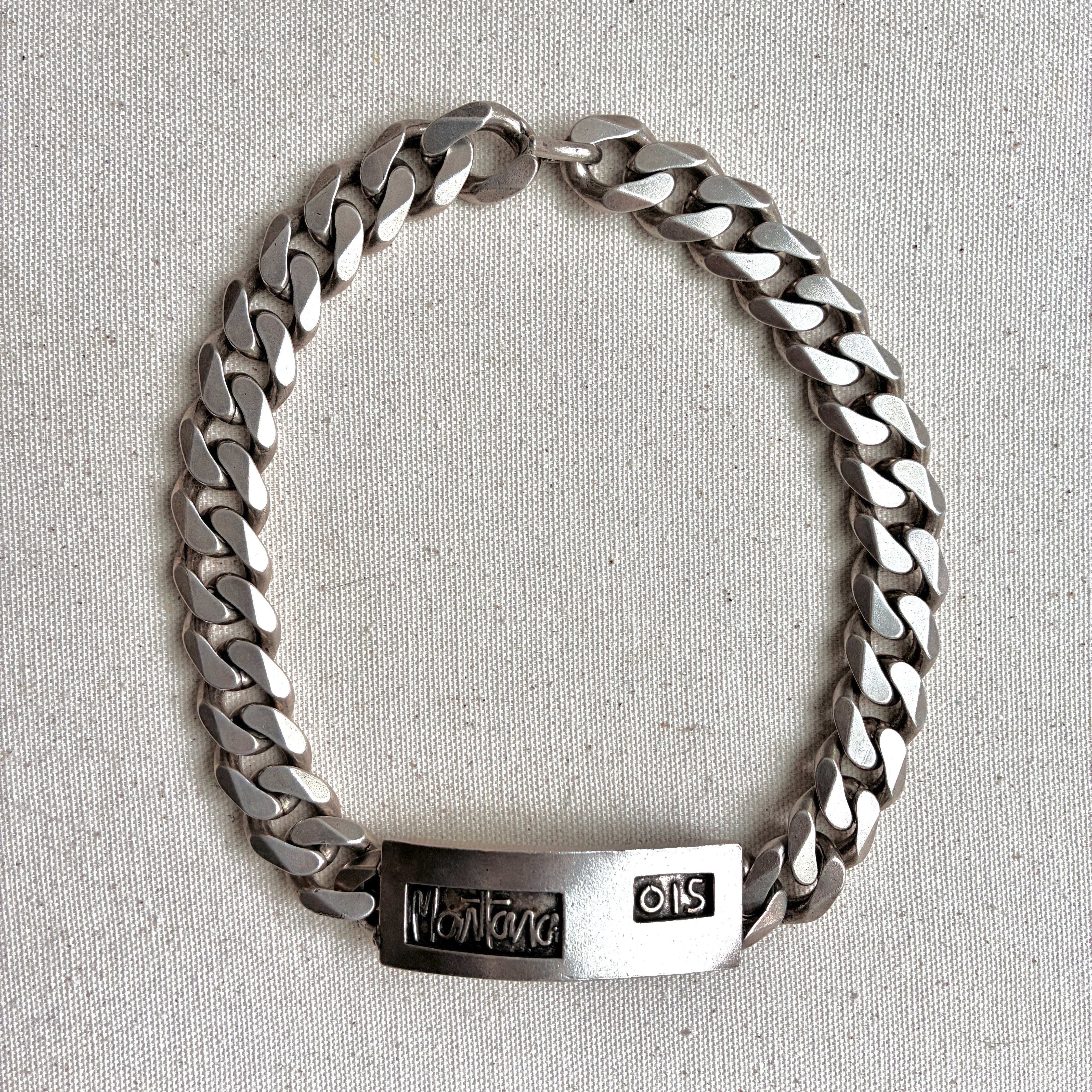 Vintage Designer Runway Premiere Etage for Claude Montana Silver Nameplate Curb Chain Choker