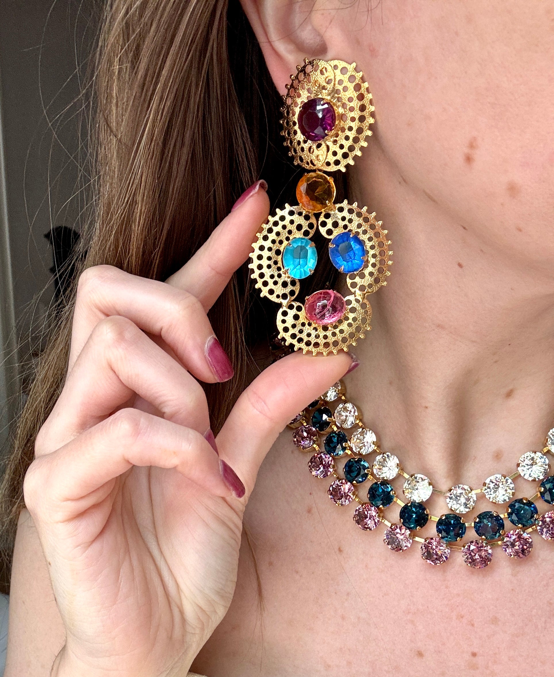 80s Jeweled Gold Filagree Statement Earrings