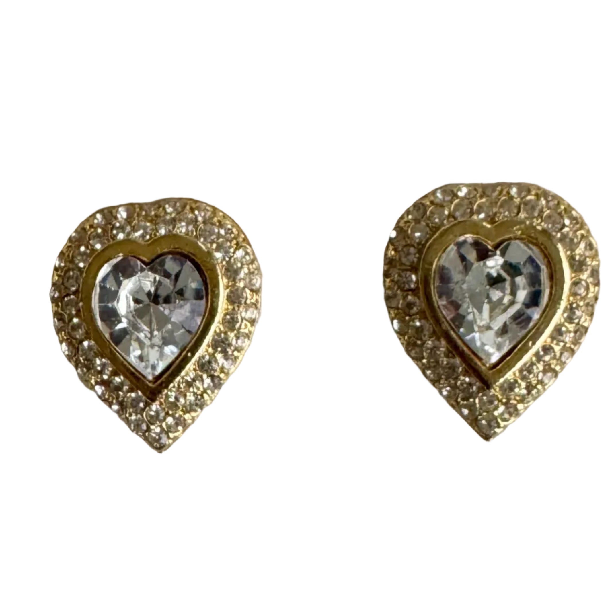 Vintage 80s French Gold Crystal Heart Earrings
