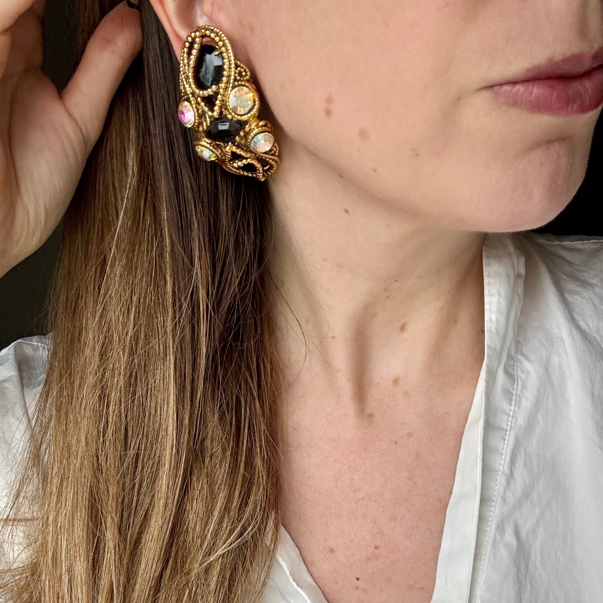 Huge French 80s Glam Aurora Borealis Earrings