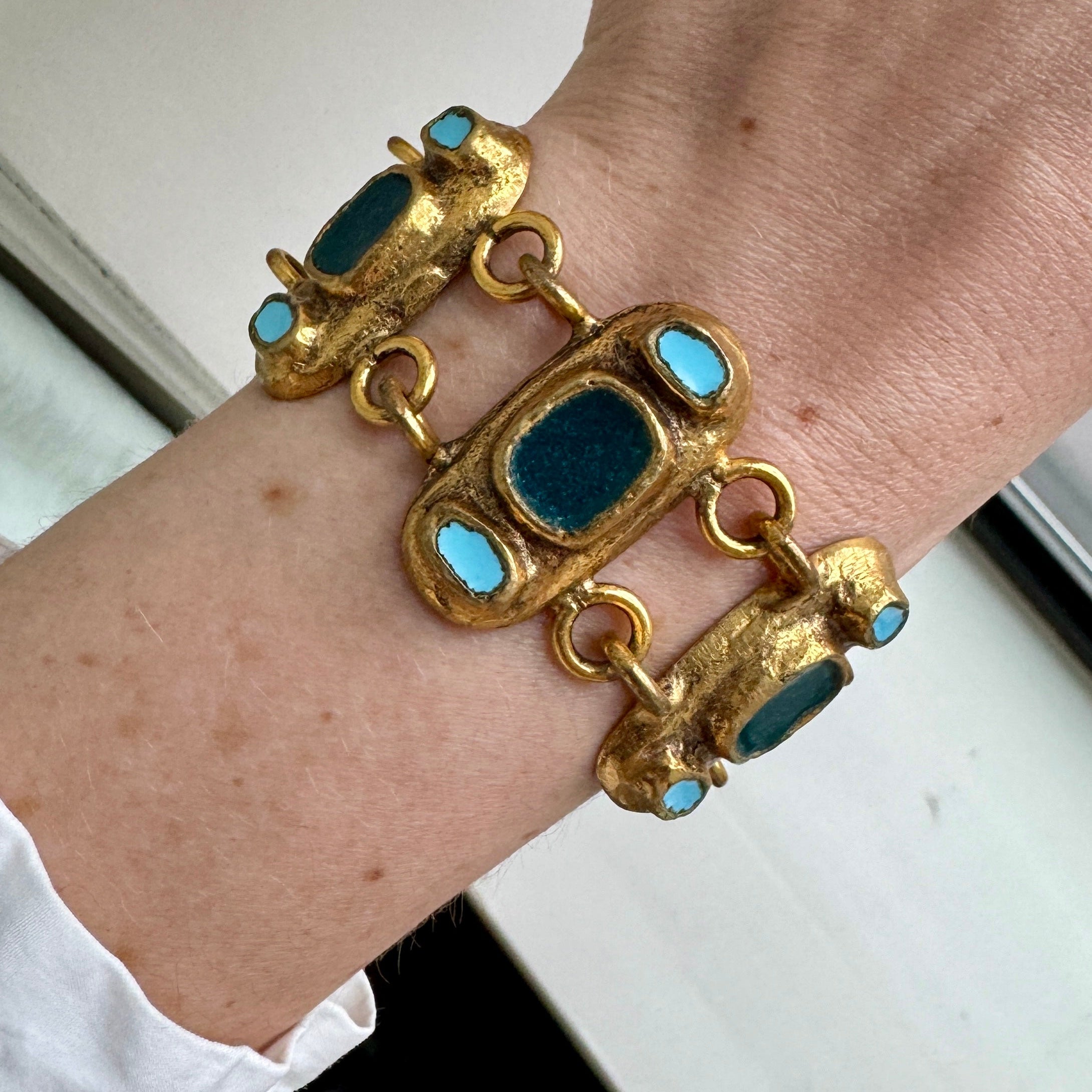 Vintage 1940s French Gold Bracelet with Green & Blue Enamel