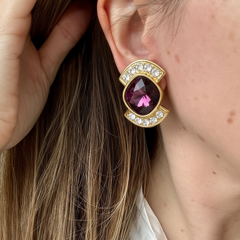 Vintage Signed Designer YSL Purple Crystal Earrings
