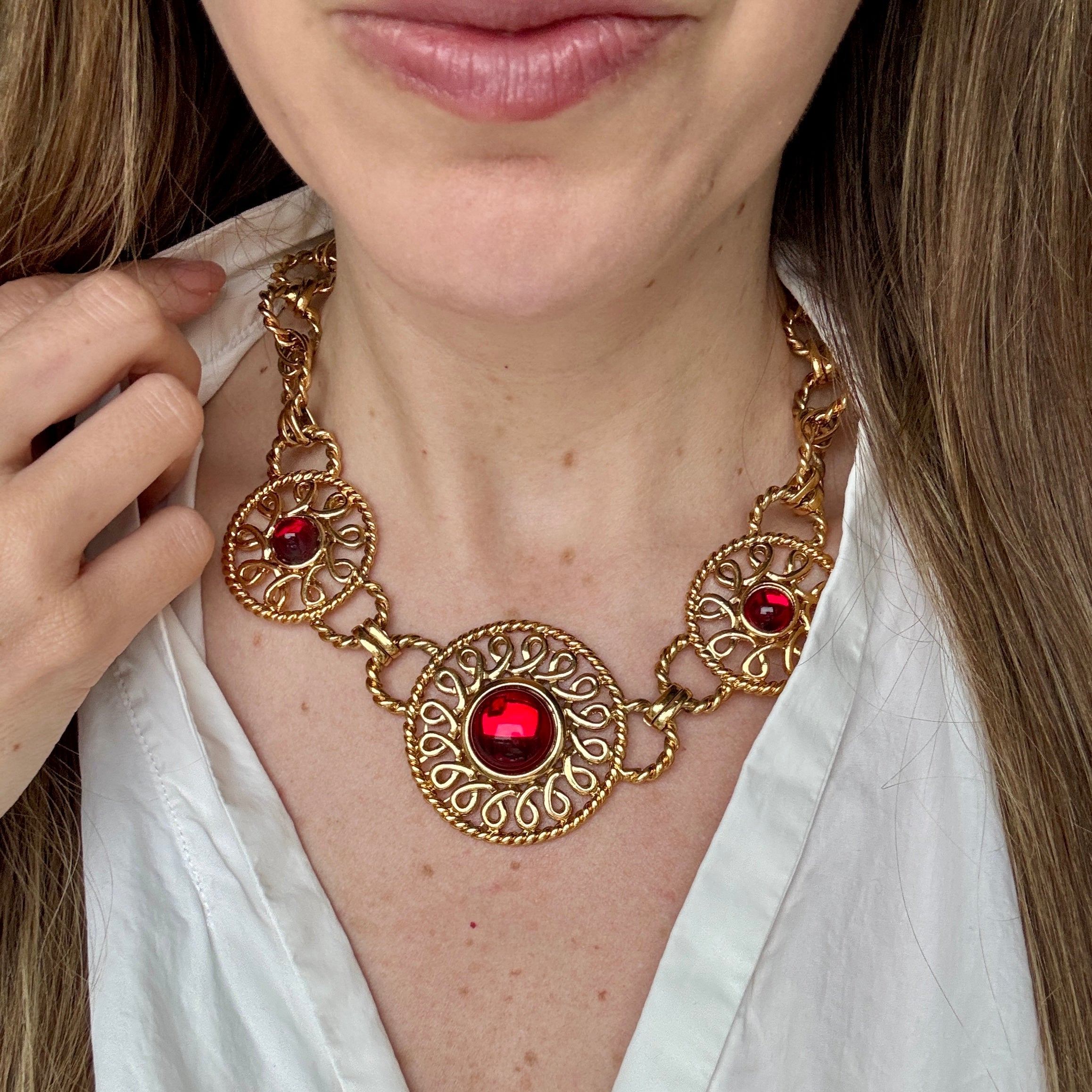 Vintage French Designer Guy Laroche Mogul Red Glass Statement Necklace