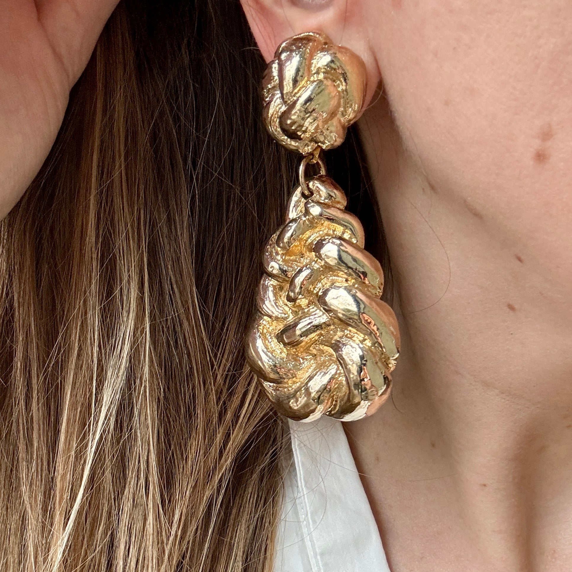Vintage 80s Huge Gilt Resin Braided Statement Earrings