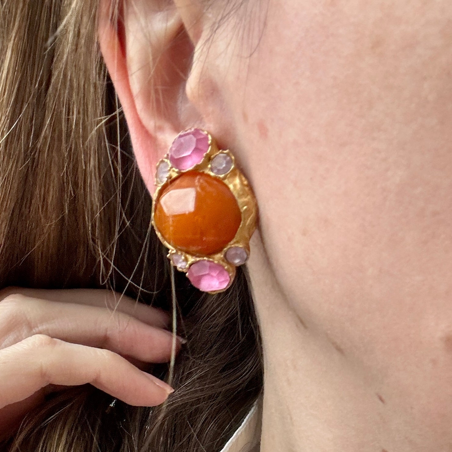 Vintage 80s French Designer Satallite Orange Pink Earrings