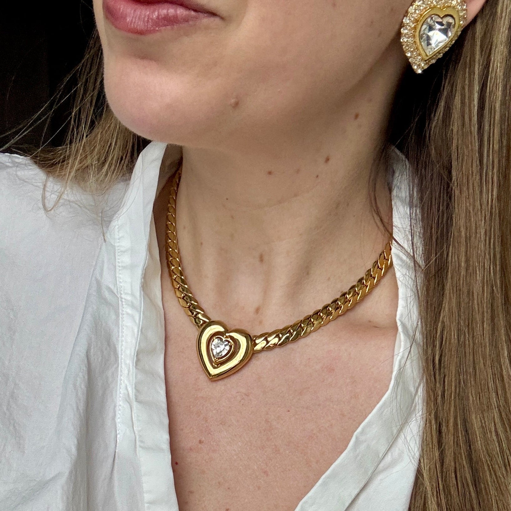 Vintage 80s French Gold Crystal Heart Earrings