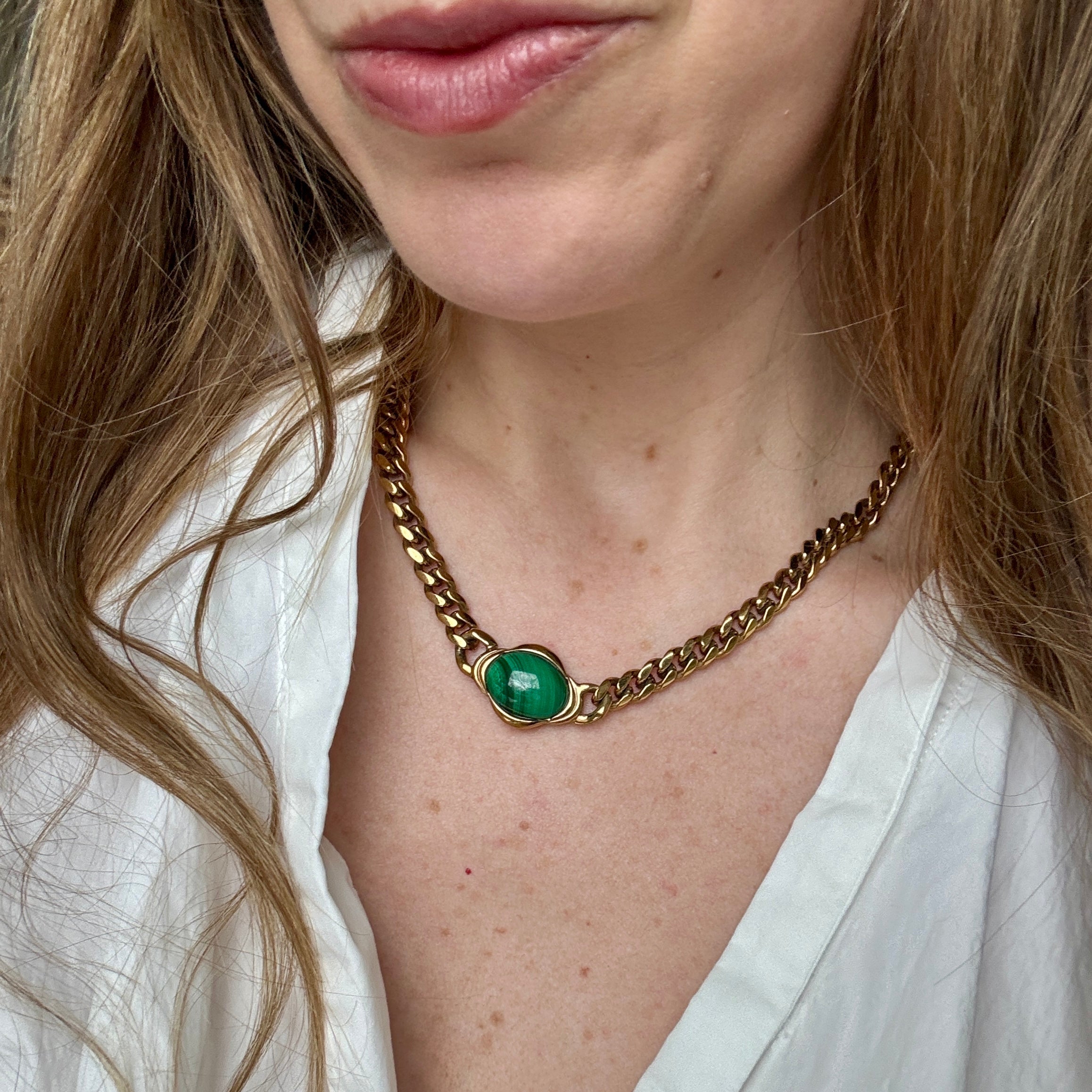 Vintage 70s French Malachite Curb Chain Necklace