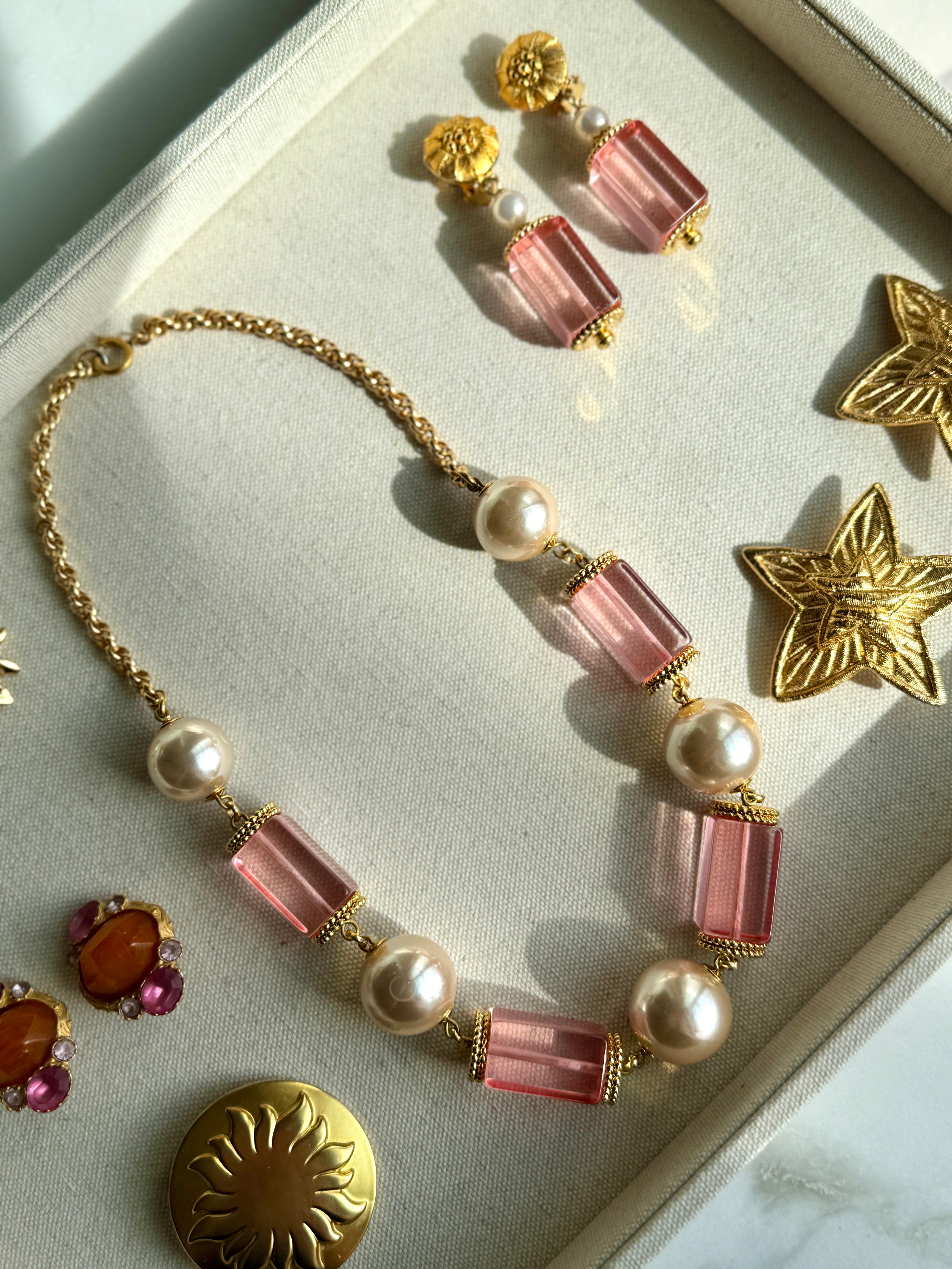 Vintage 60s French Pink Lucite & Pearl Earrings