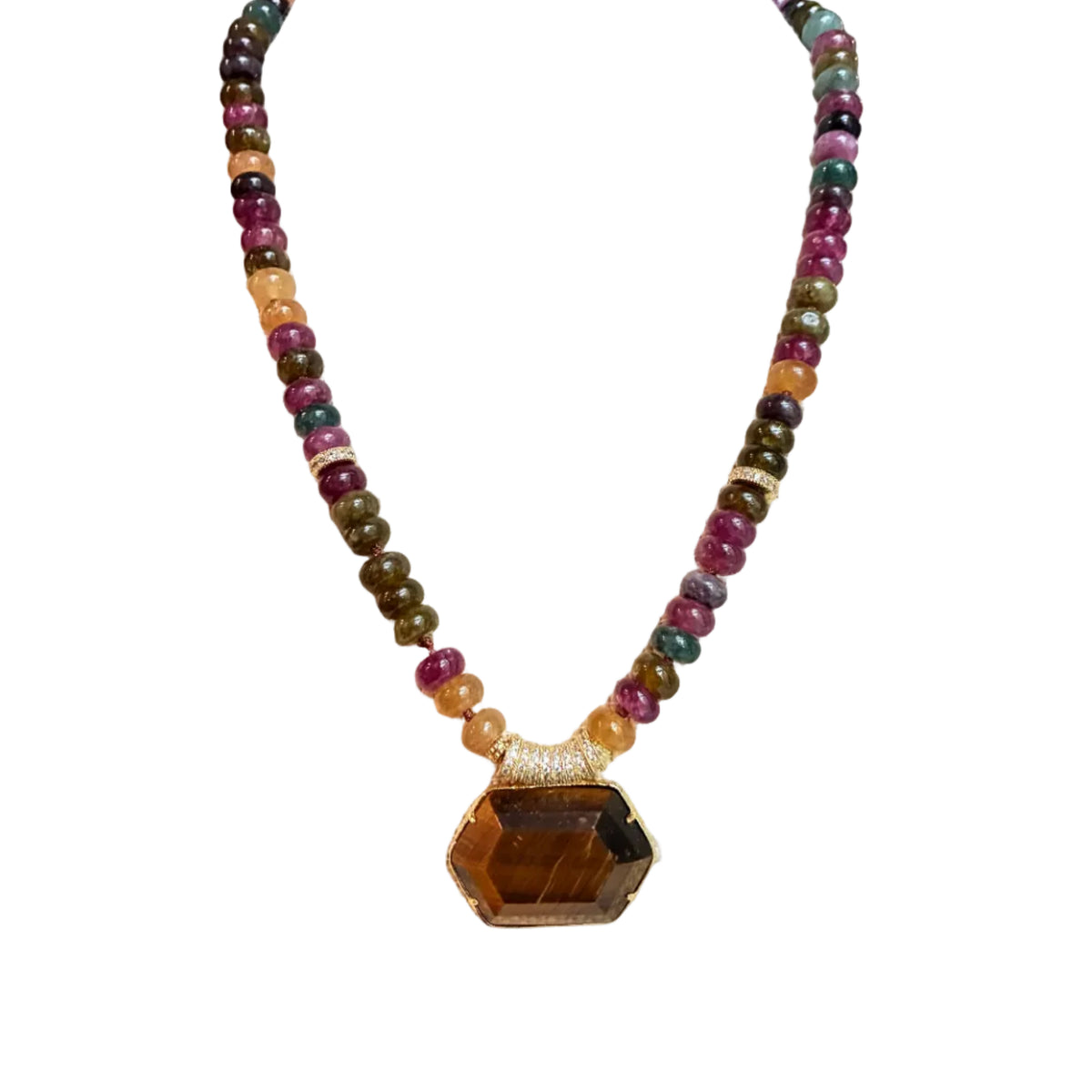 Modern Rainbow Stone Necklace with Tigers Eye Pendant