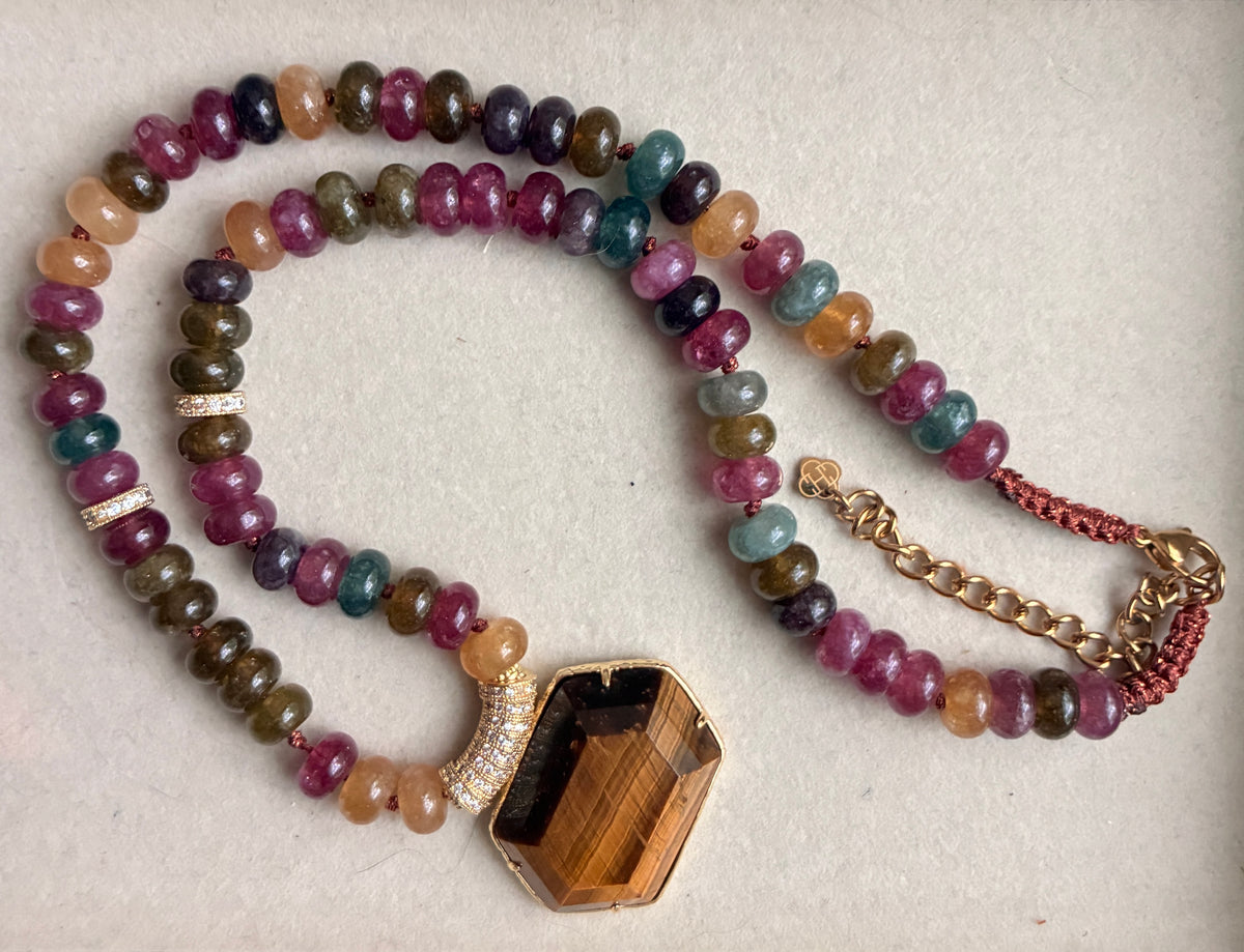 Modern Rainbow Stone Necklace with Tigers Eye Pendant
