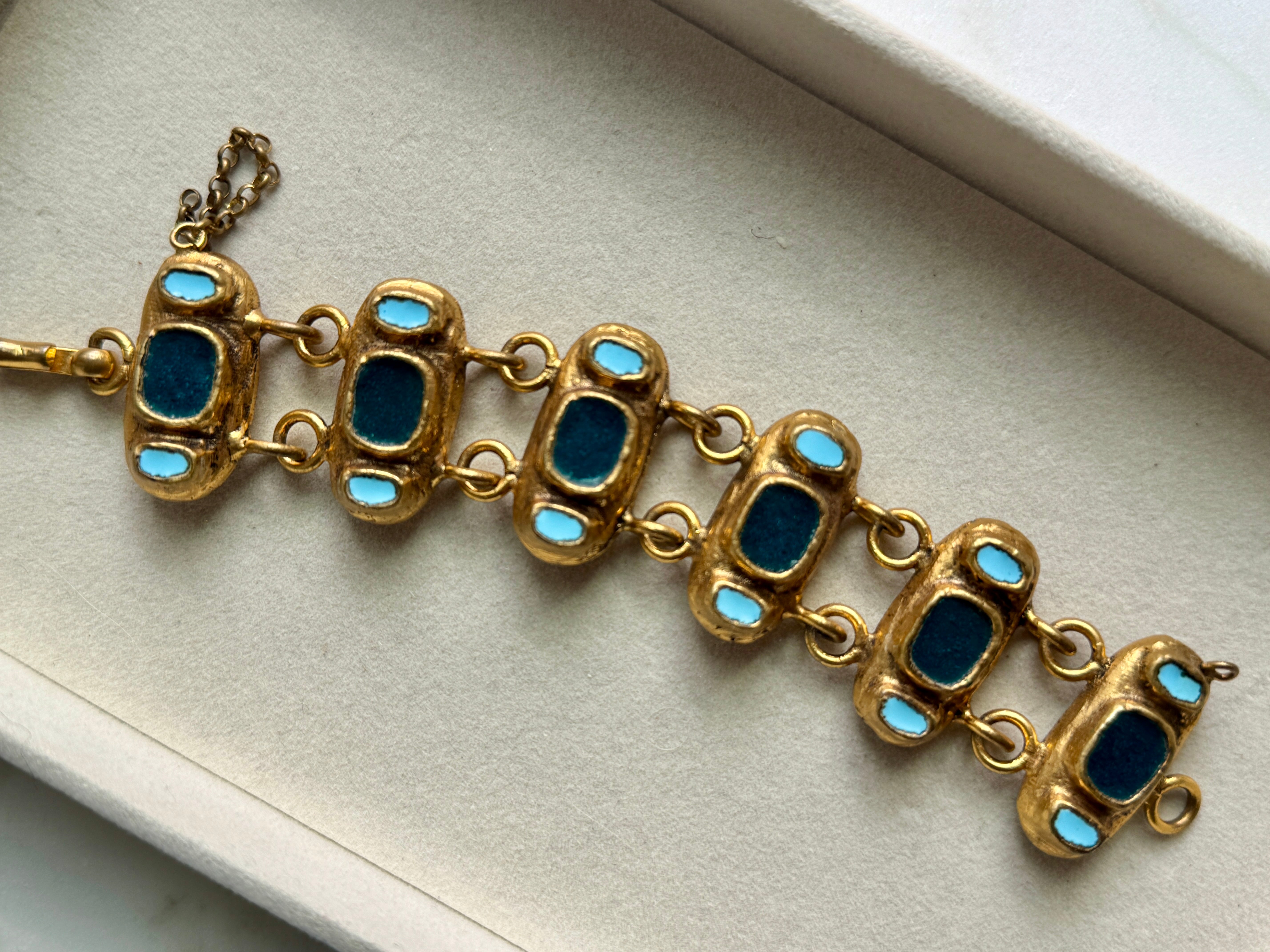 Vintage 1940s French Gold Bracelet with Green & Blue Enamel