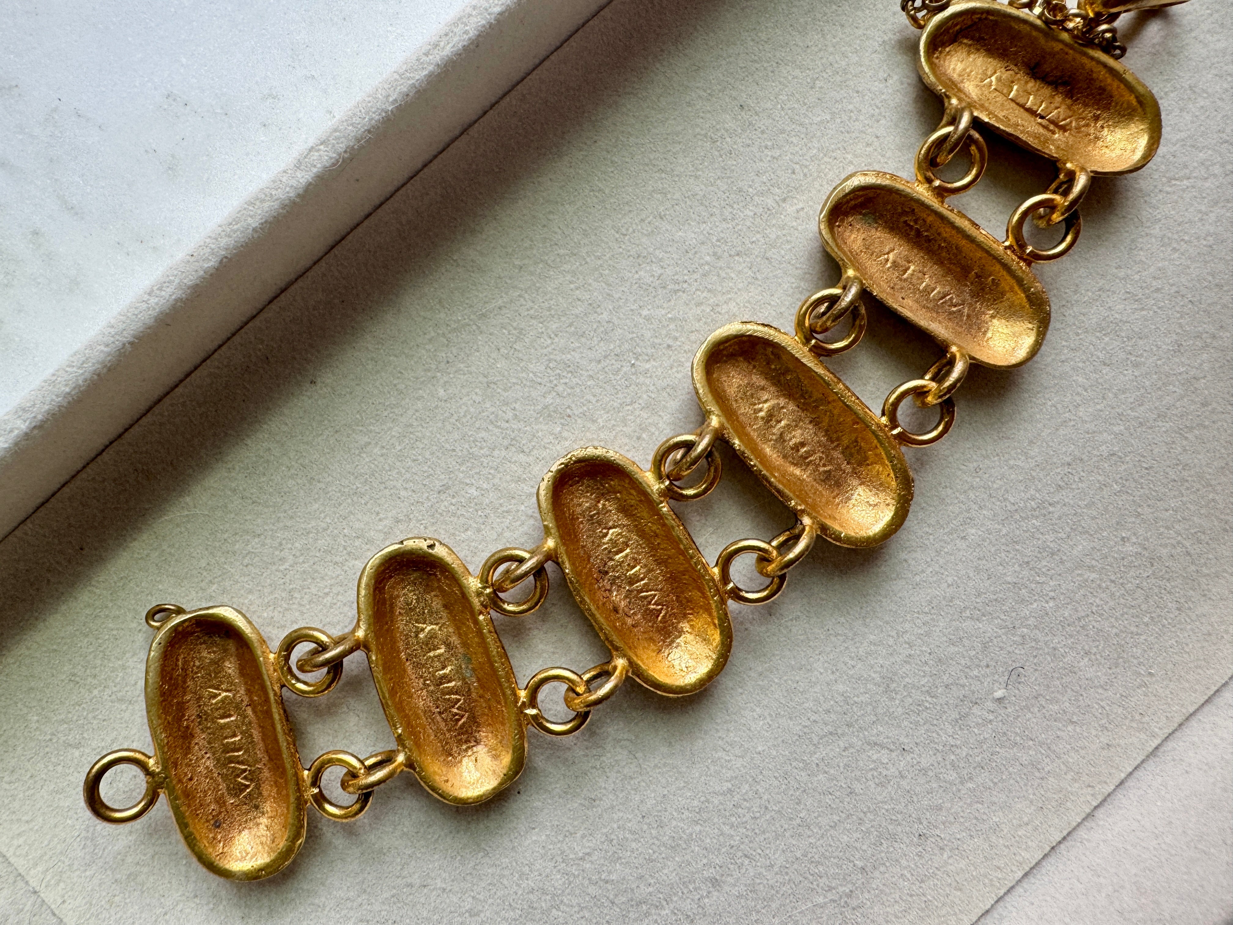 Vintage 1940s French Gold Bracelet with Green & Blue Enamel