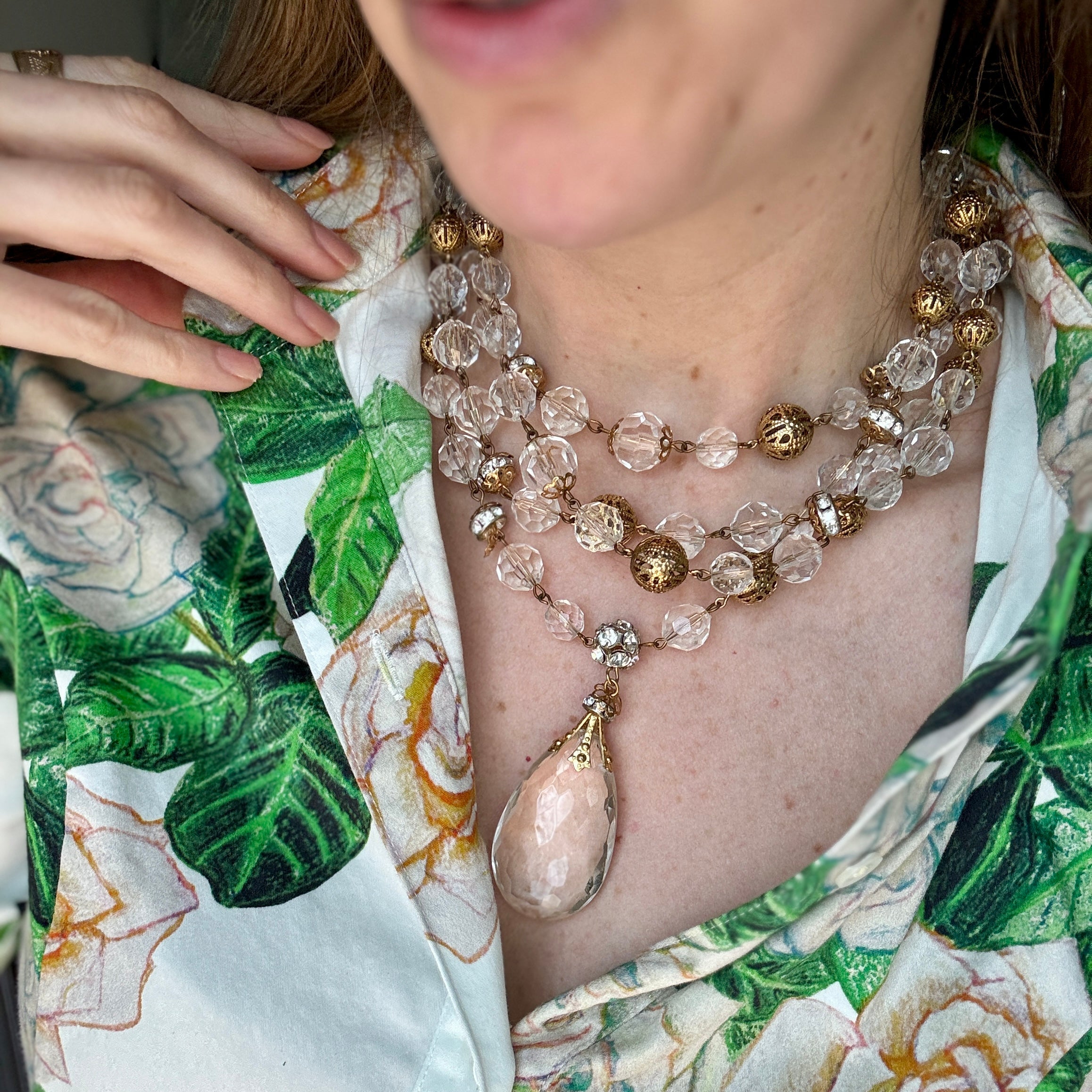 Vintage Lucite Crystal Filagree Crystal Drop Necklace