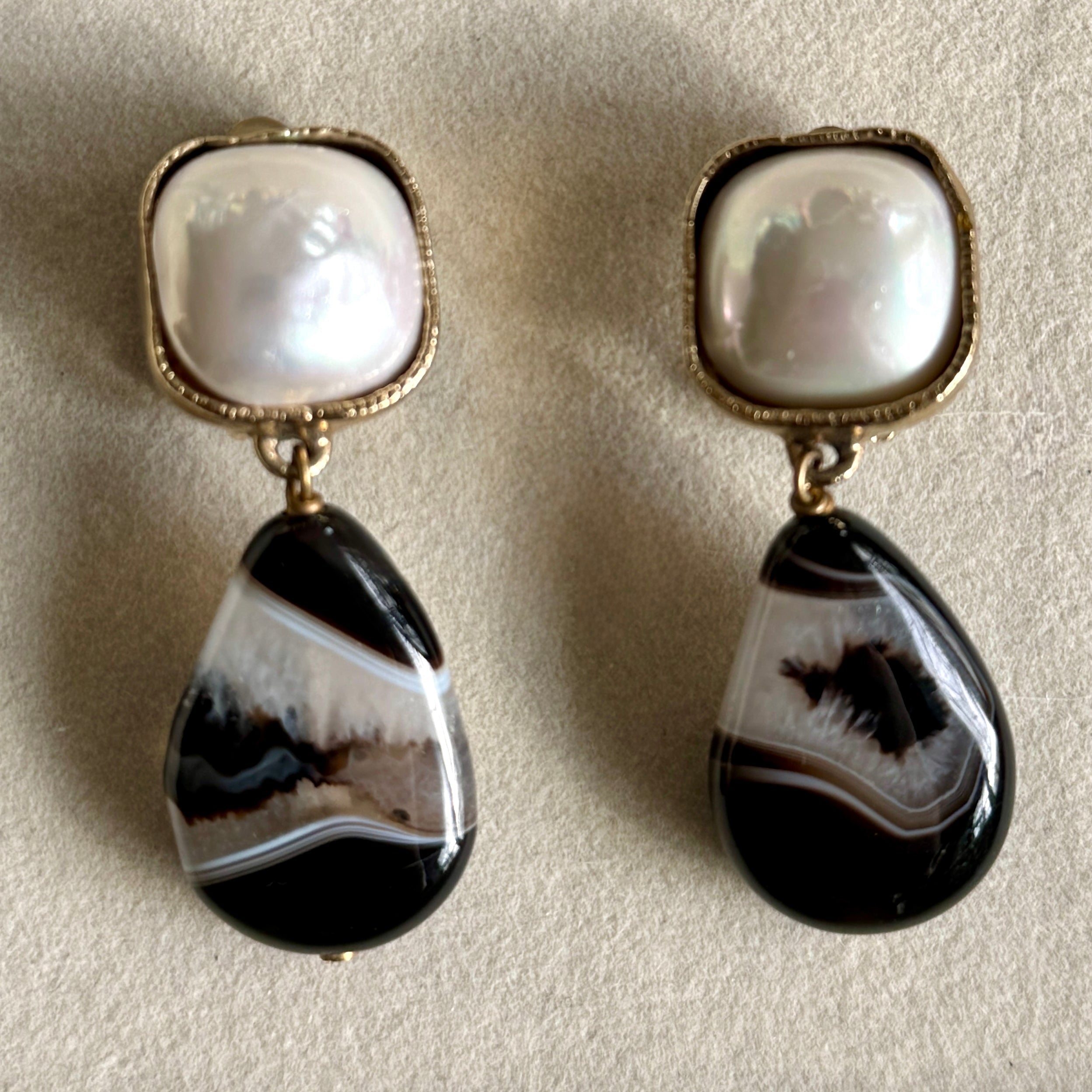 Vintage Designer Phillipe Ferrandis Pearl and Black Agate Earrings
