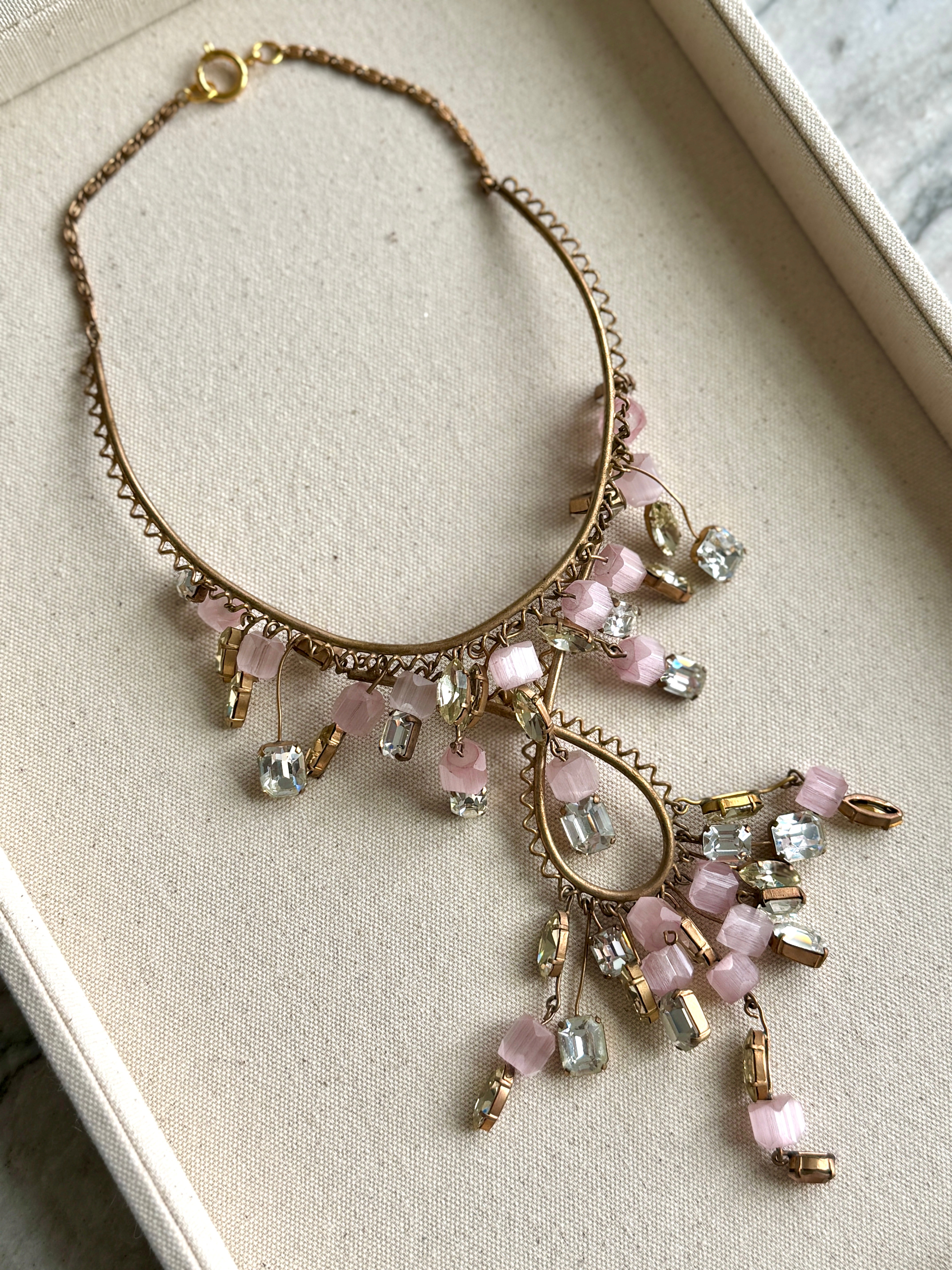 Vintage 40s Pink Glass and Crystal Statement Necklace