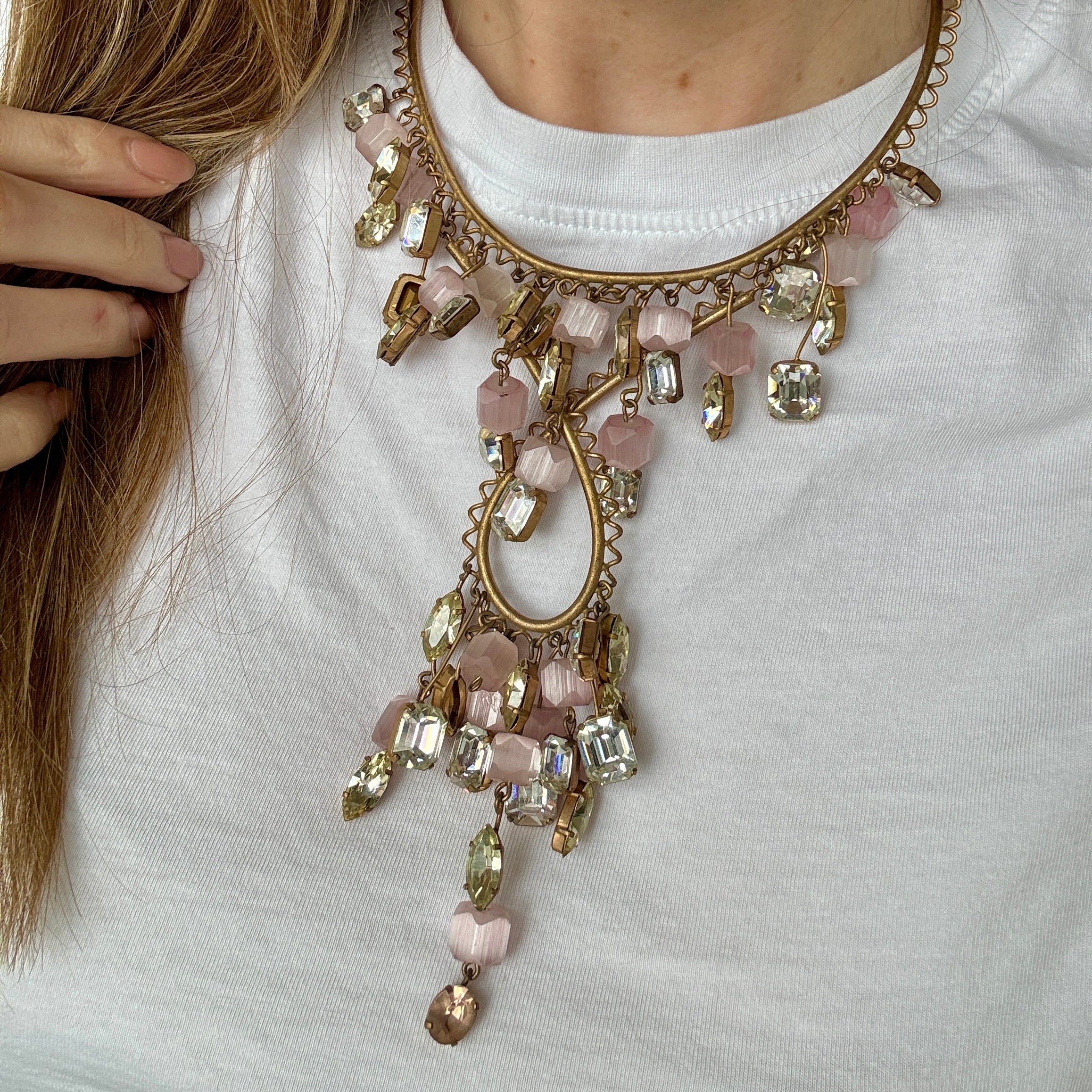 Vintage 40s Pink Glass and Crystal Statement Necklace