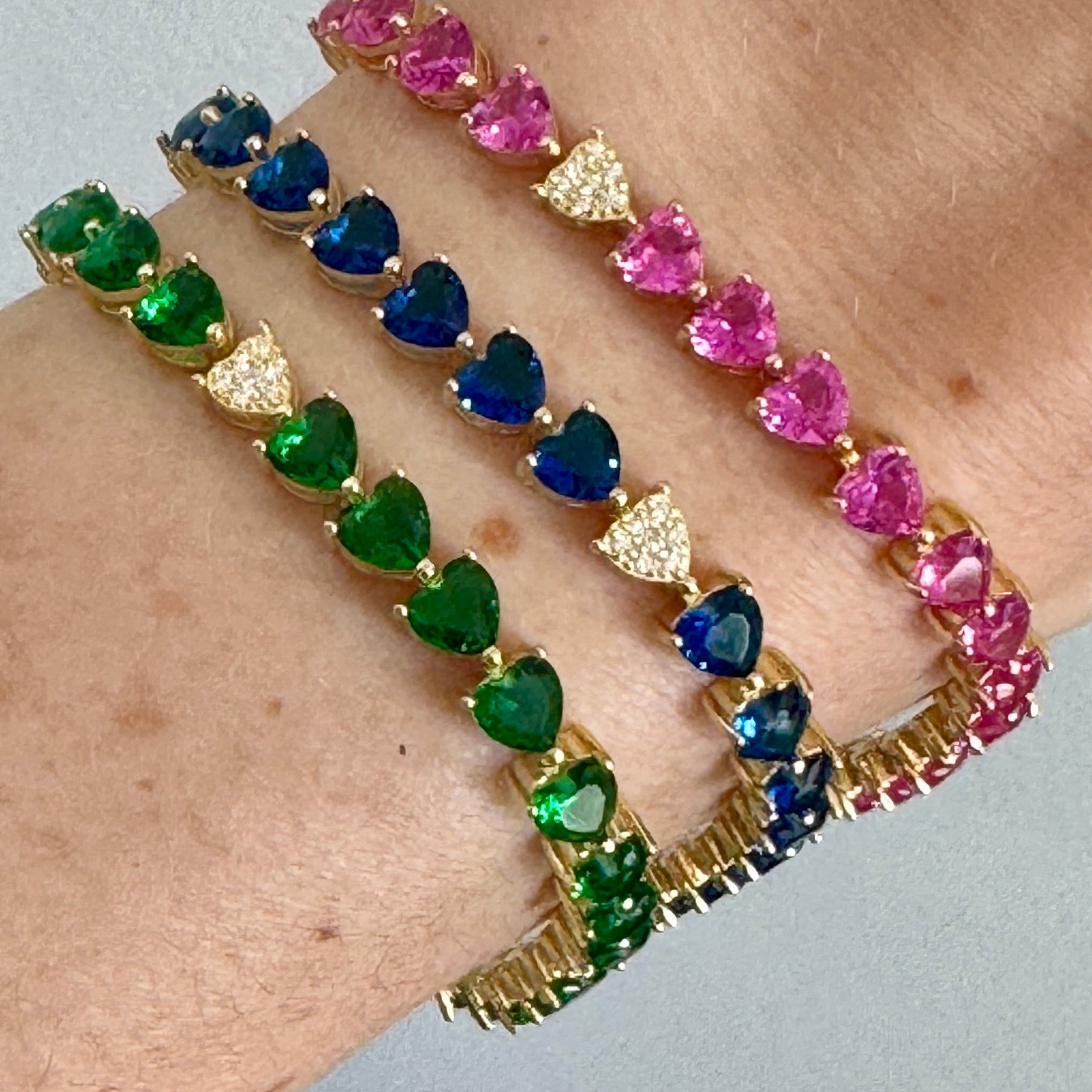 Pink, Blue or Emerald Green Crystal Heart Tennis Bracelet
