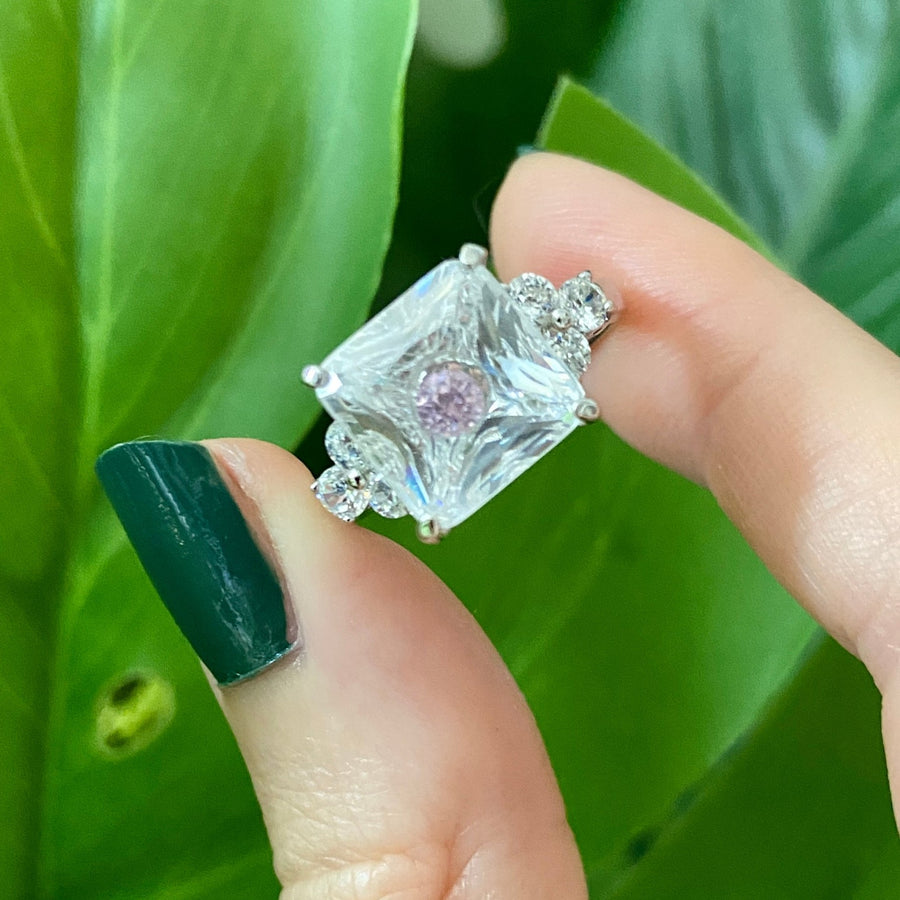 90s Sterling Silver Floating Pink Crystal Ring