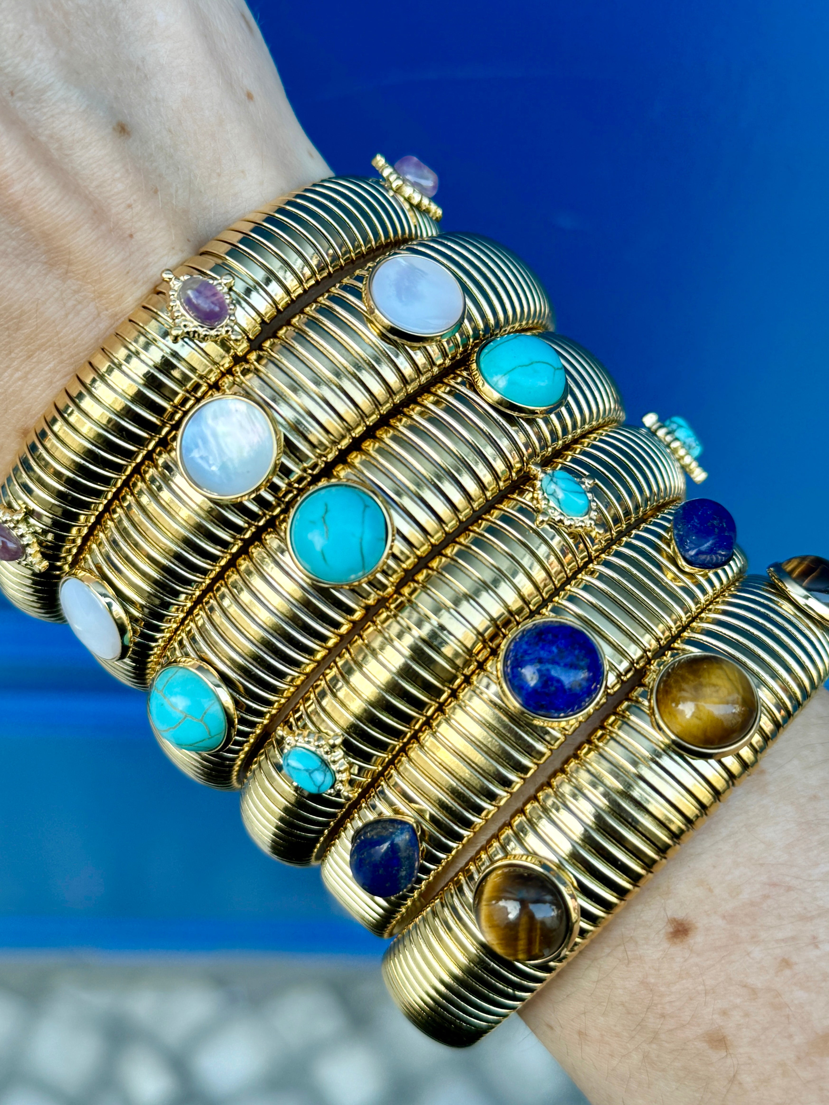 Tiger's Eye or Lapis Gold Plate Omega Bracelet