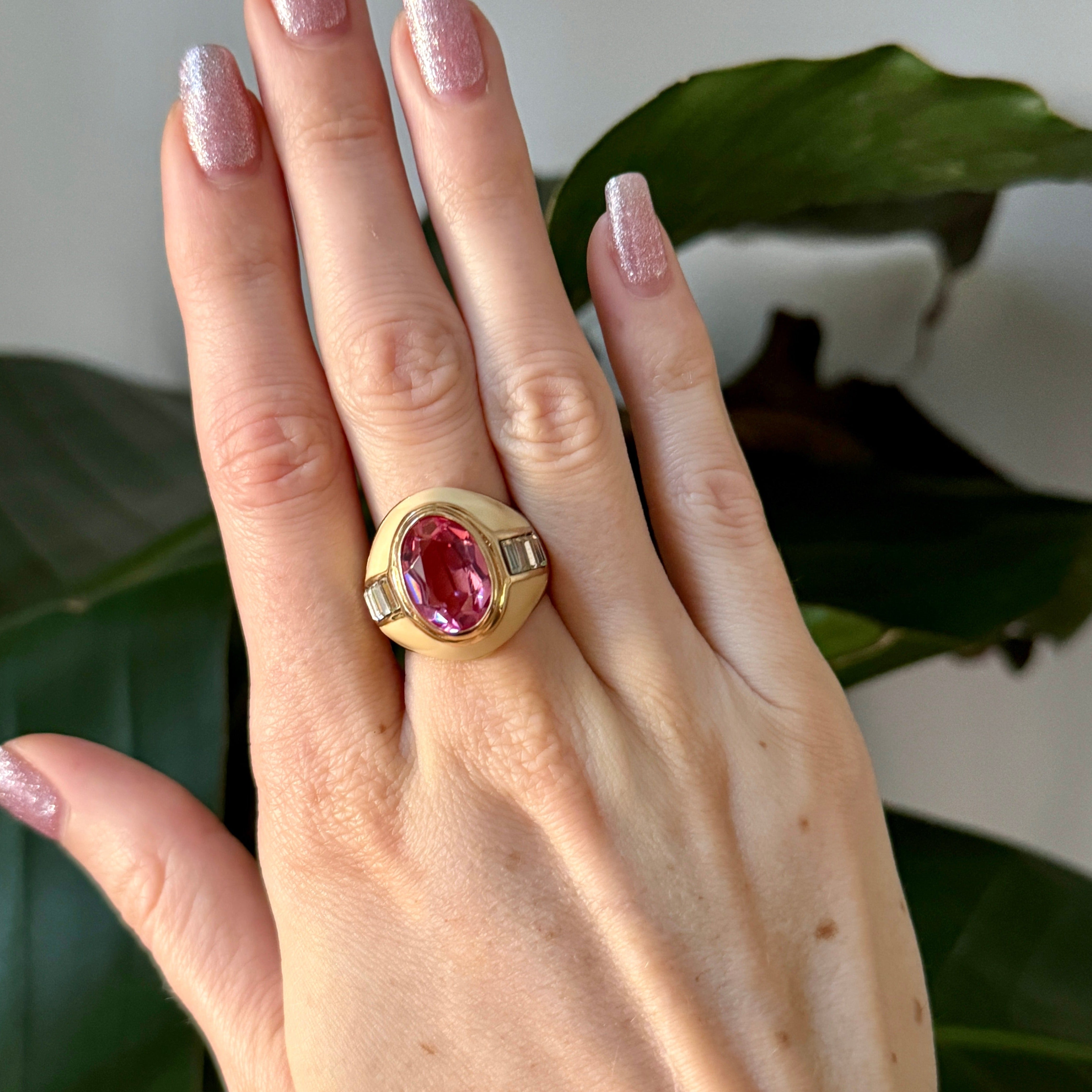 Cream Enamel Pink Crystal Cocktail Ring Size 6.5