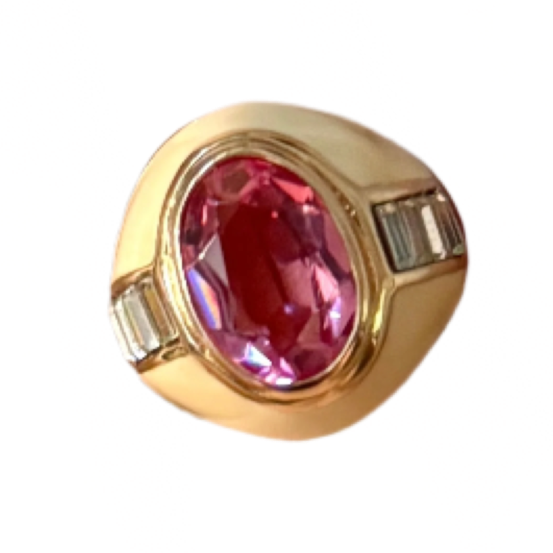 Cream Enamel Pink Crystal Cocktail Ring Size 6.5