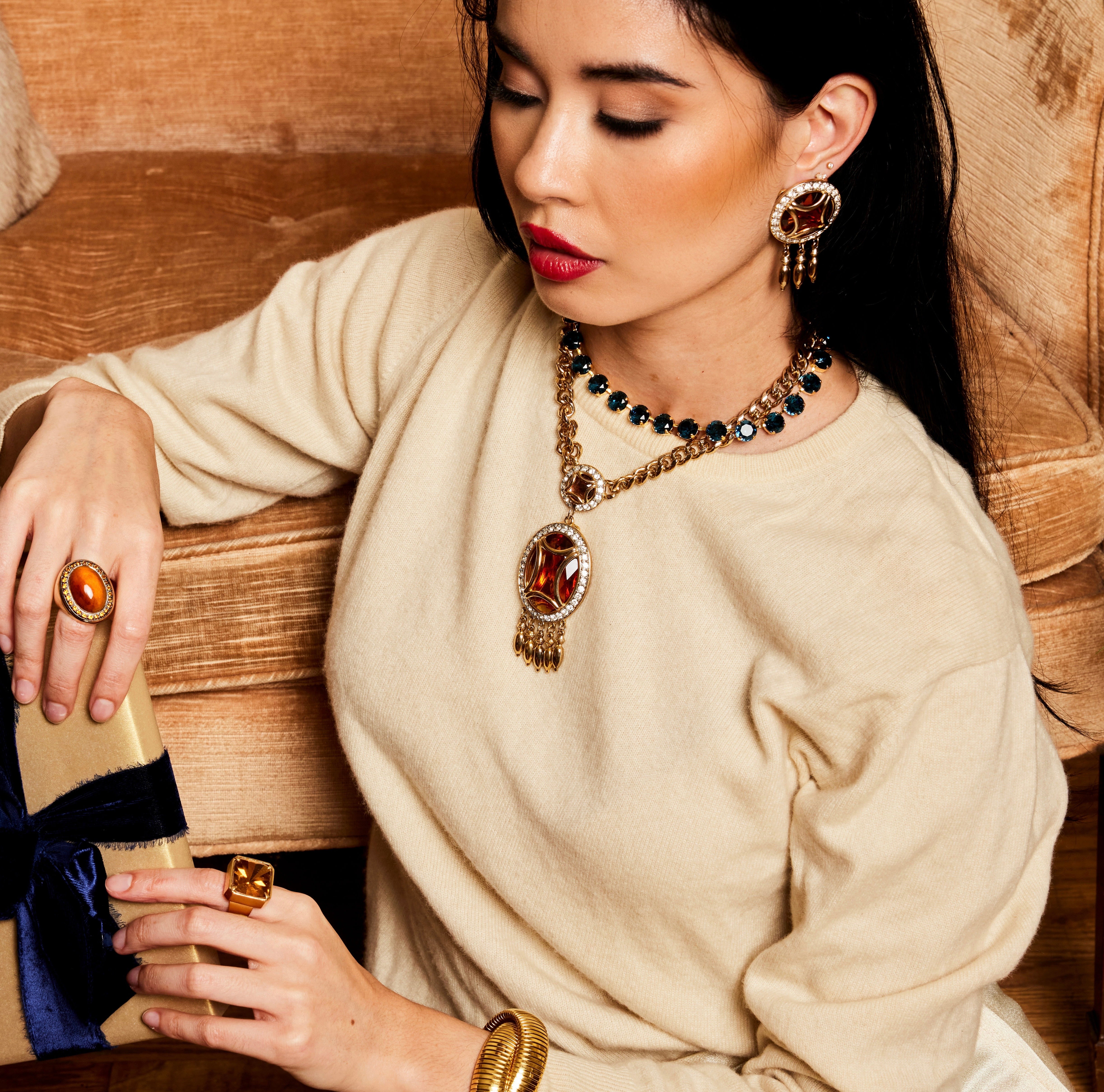 Vintage Designer Gem Craft Orange Jewel Necklace Earring Set