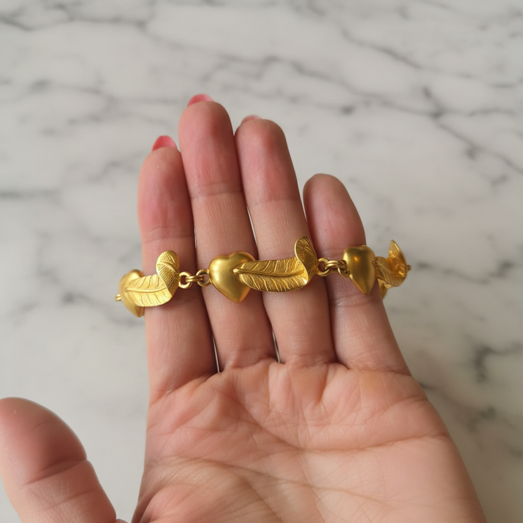 Vintage Gold Hearts and Feathers Bracelet