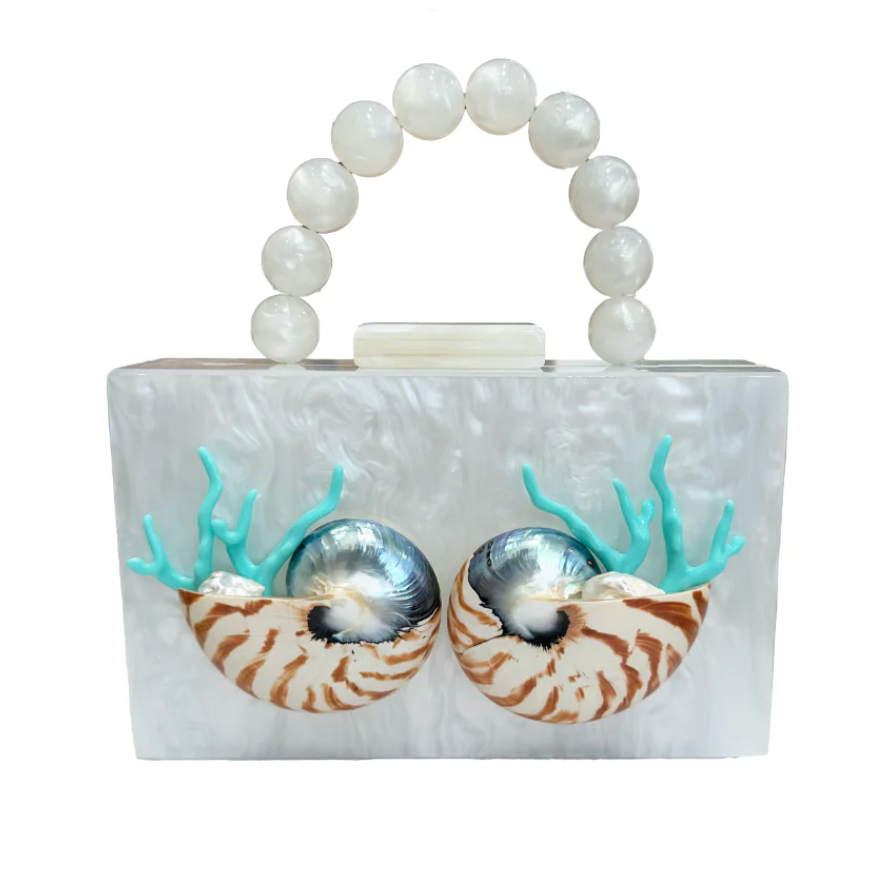 Custom Shell Clutch Purse With Pearls and Coral