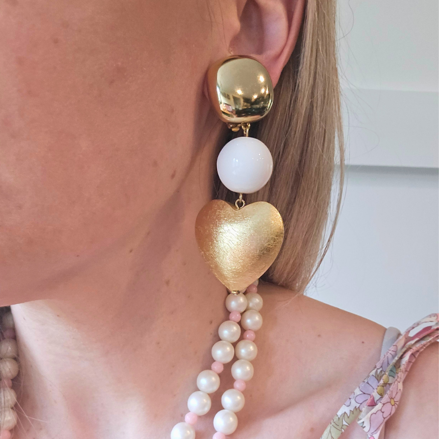 Heart Drop Earrings with Faux Pearls