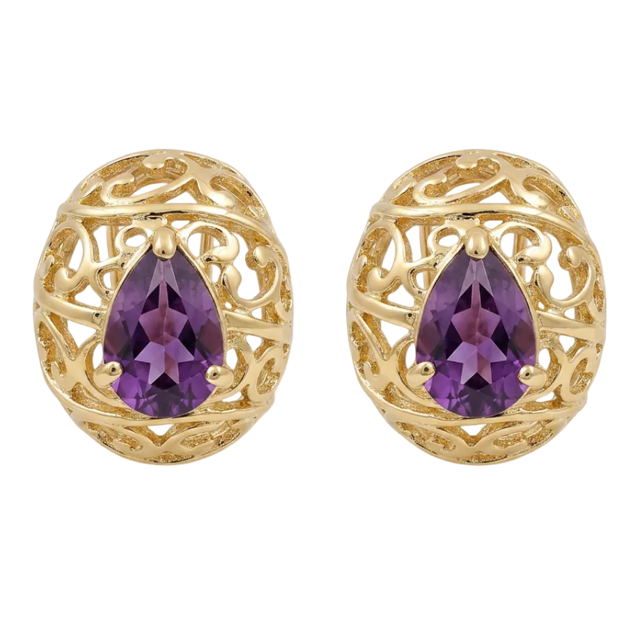 Vintage Gold Filigree Earrings with Amethyst Crystal