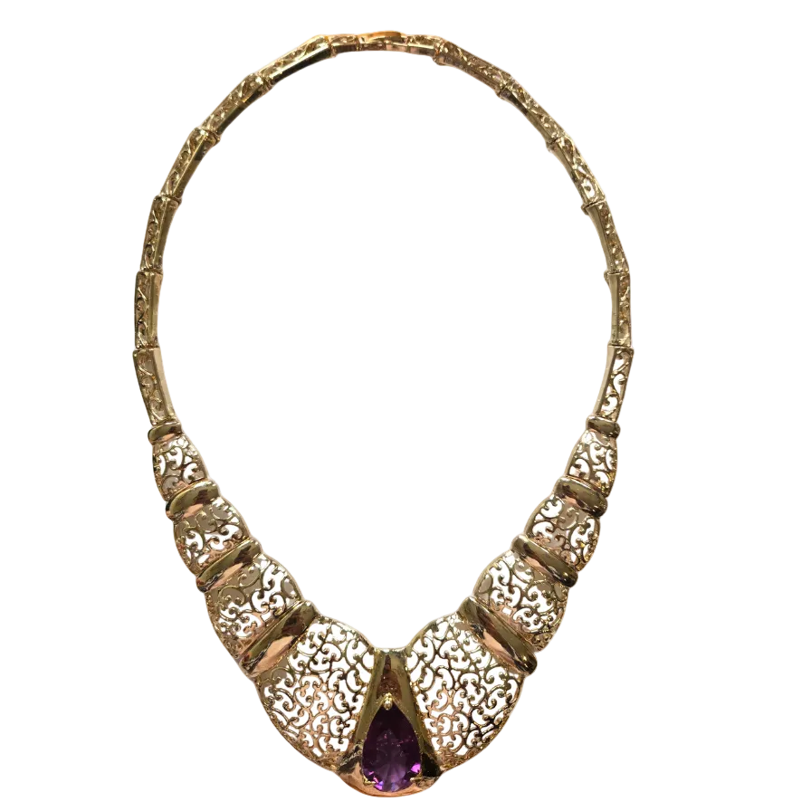 Vintage Gold Collar Necklace with Amethyst Pendant