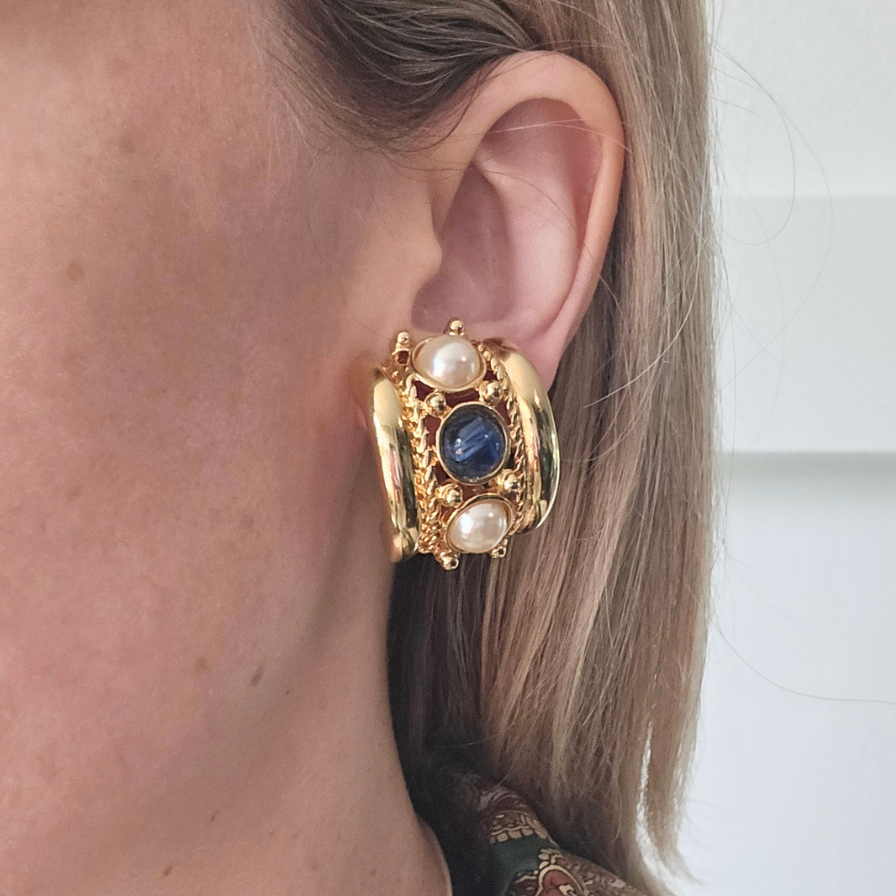 Joan Rivers Earrings with Blue Cabochons & Faux Pearls