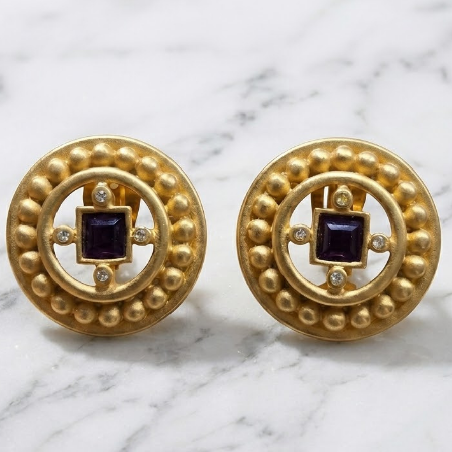 Vintage Gold Earrings with Square Purple Stone and Crystal Accents